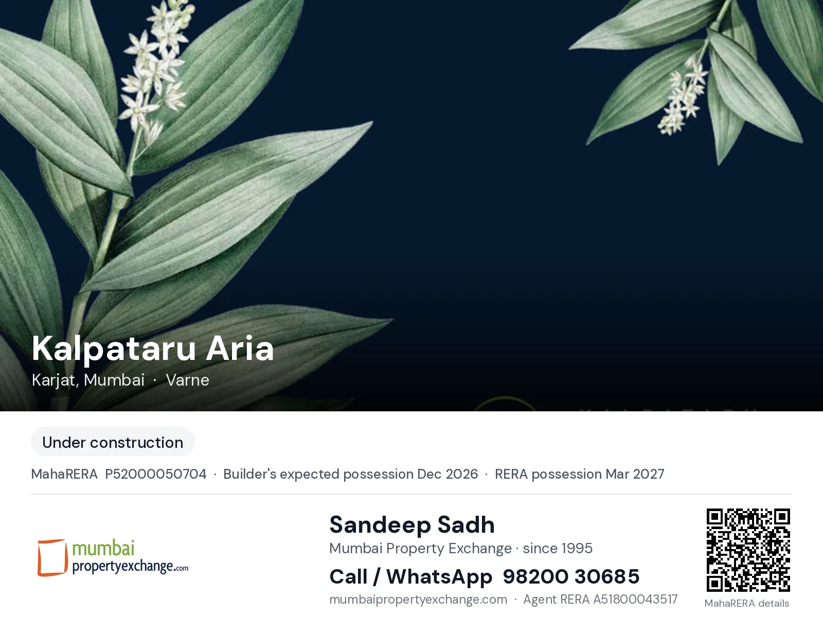 Kalpataru Aria, Karjat, Mumbai — new project, builder's expected possession Dec 2026, RERA possession Mar 2027 | Mumbai Property Exchange, Sandeep Sadh 98200 30685