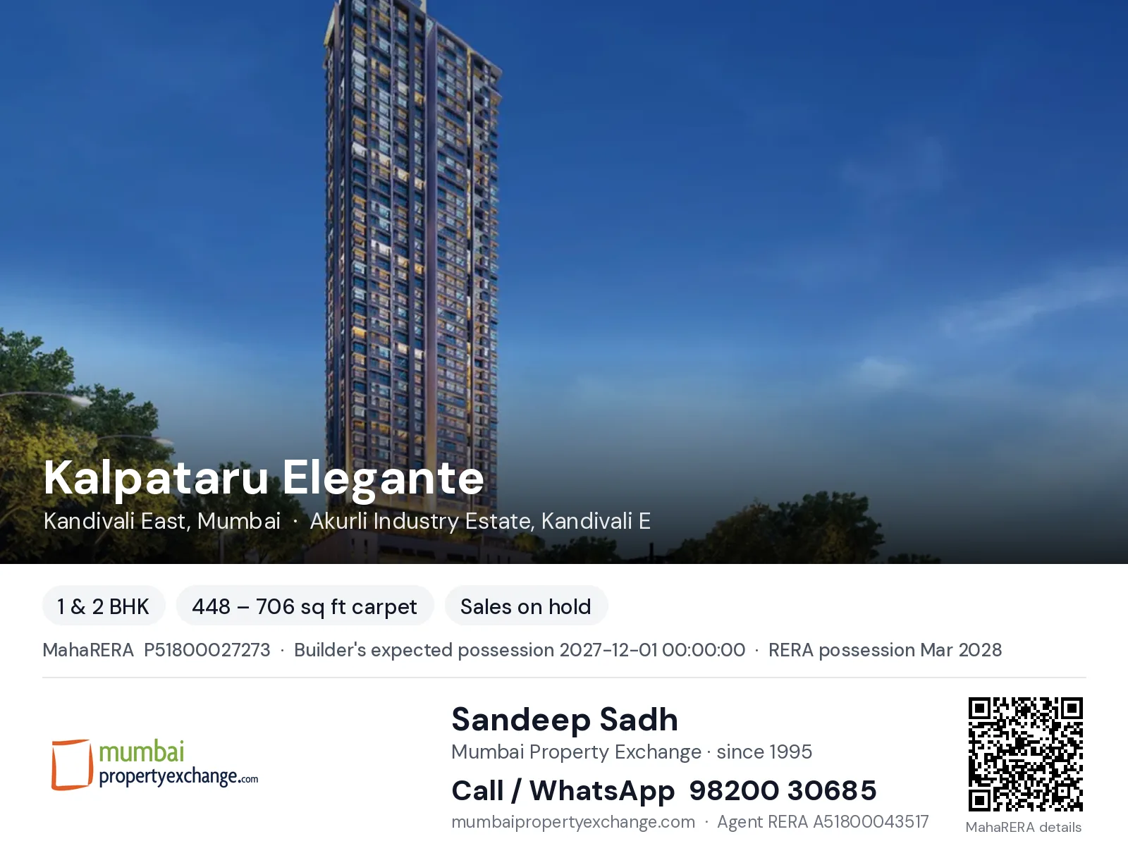 Kalpataru Elegante, Kandivali East, Mumbai — 1 & 2 BHK new project, builder's expected possession 2027-12-01 00:00:00, RERA possession Mar 2028 | Mumbai Property Exchange, Sandeep Sadh 98200 30685