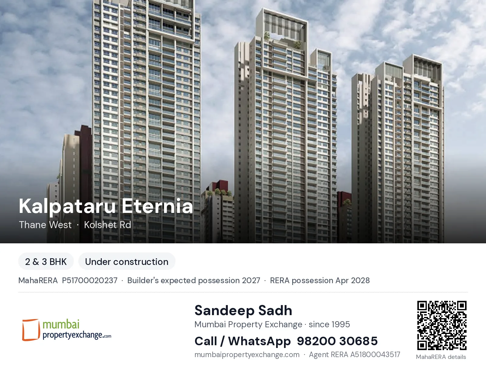 Kalpataru Eternia, Thane West — 2 & 3 BHK new project, builder's expected possession 2027, RERA possession Apr 2028 | Mumbai Property Exchange, Sandeep Sadh 98200 30685