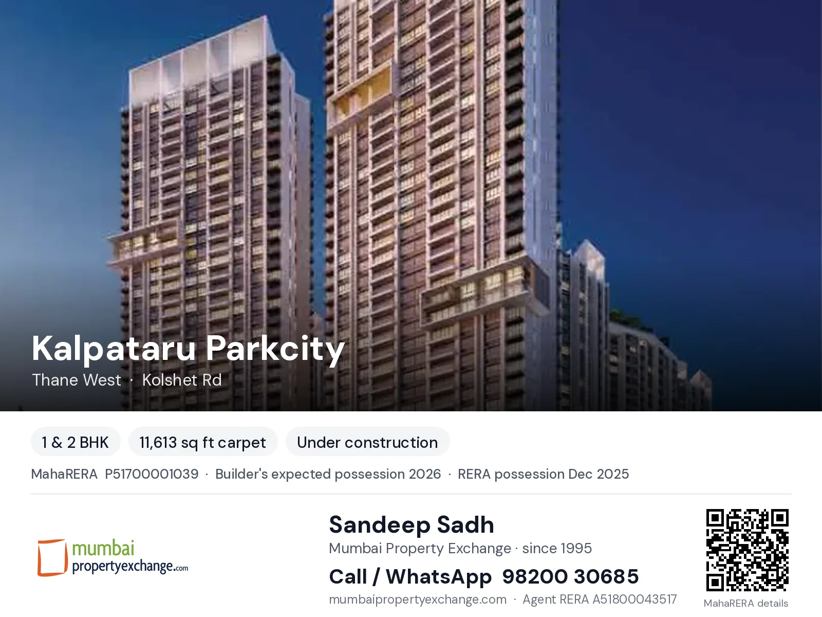Kalpataru Parkcity, Thane West — 1 & 2 BHK new project, builder's expected possession 2026, RERA possession Dec 2025 | Mumbai Property Exchange, Sandeep Sadh 98200 30685