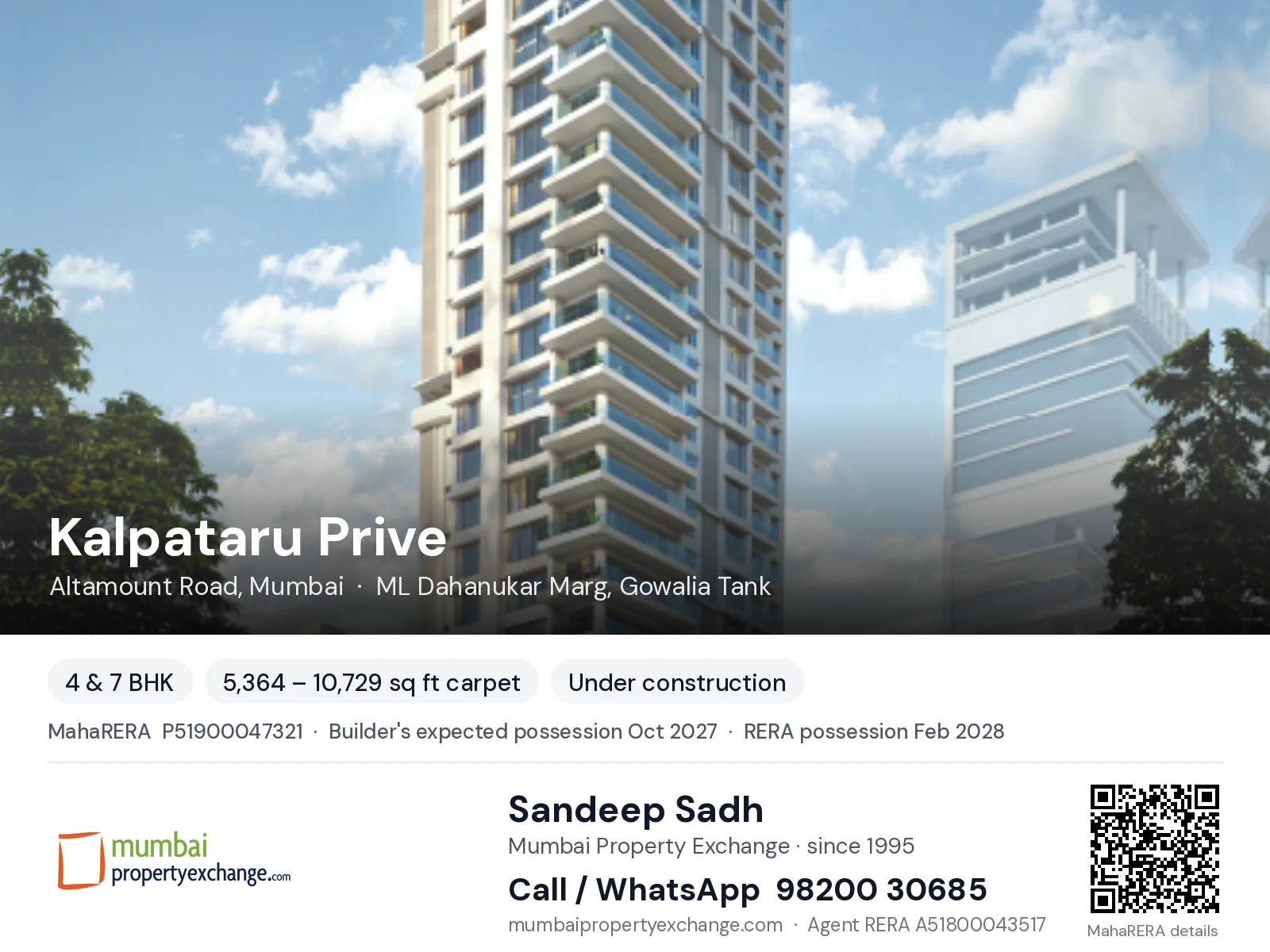 Kalpataru Prive, Altamount Road, Mumbai — 4 & 7 BHK new project, builder's expected possession Oct 2027, RERA possession Feb 2028 | Mumbai Property Exchange, Sandeep Sadh 98200 30685