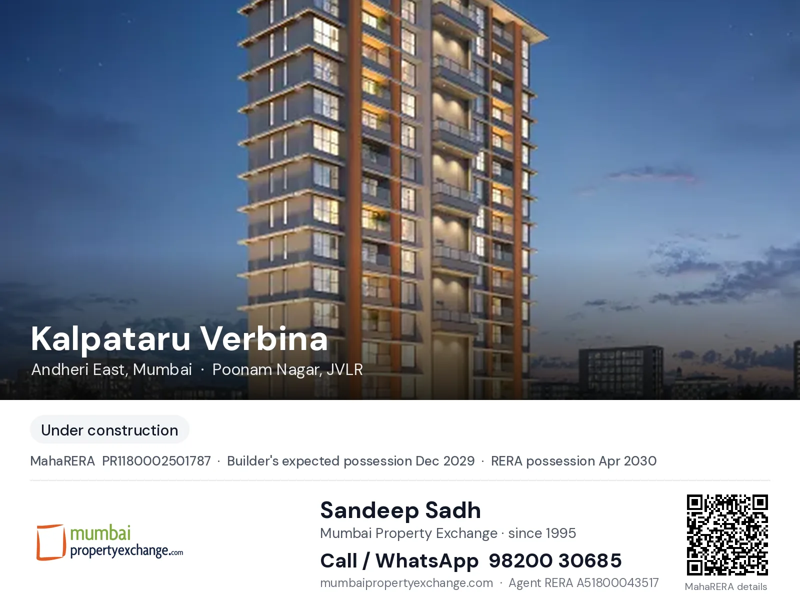 Kalpataru Verbina, Andheri East, Mumbai — new project, builder's expected possession Dec 2029, RERA possession Apr 2030 | Mumbai Property Exchange, Sandeep Sadh 98200 30685