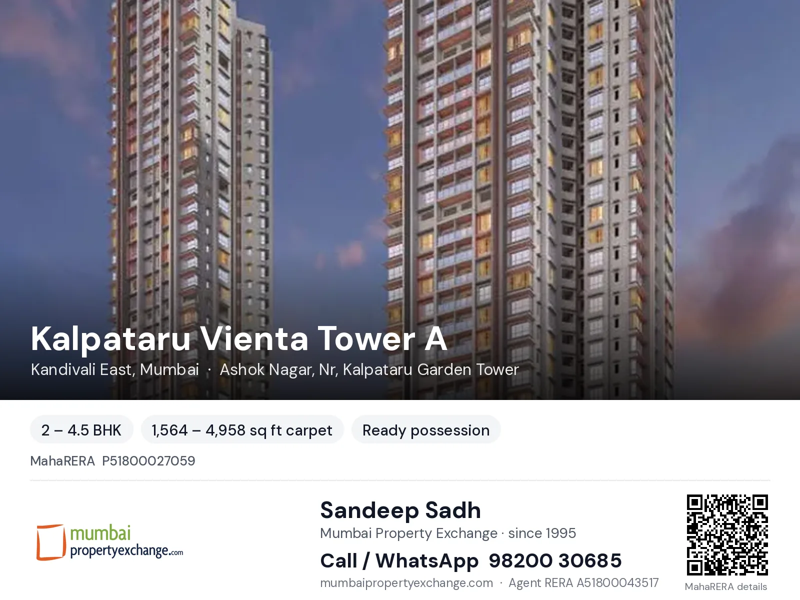 Kalpataru Vienta Tower A, Kandivali East, Mumbai — 2 – 4.5 BHK ready-to-move project | Mumbai Property Exchange, Sandeep Sadh 98200 30685