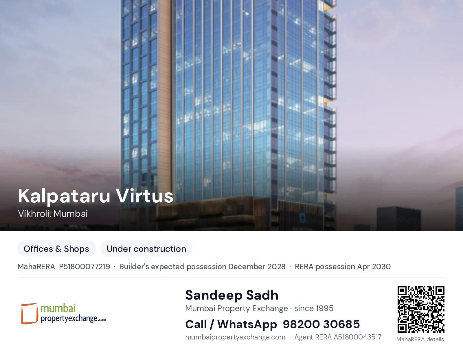 Kalpataru Virtus, Vikhroli, Mumbai — new project, builder's expected possession December 2028, RERA possession Apr 2030 | Mumbai Property Exchange, Sandeep Sadh 98200 30685