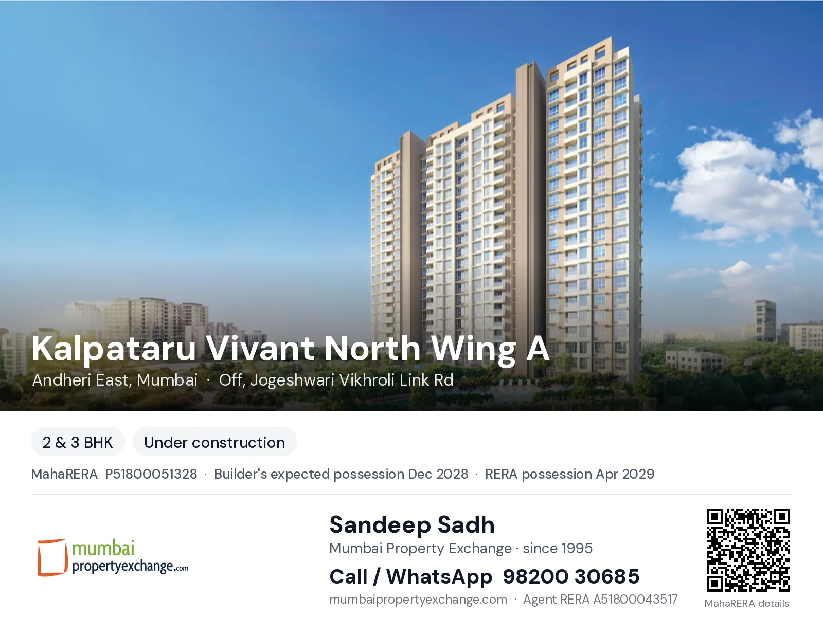 Kalpataru Vivant North Wing A, Andheri East, Mumbai — 2 & 3 BHK new project, builder's expected possession Dec 2028, RERA possession Apr 2029 | Mumbai Property Exchange, Sandeep Sadh 98200 30685