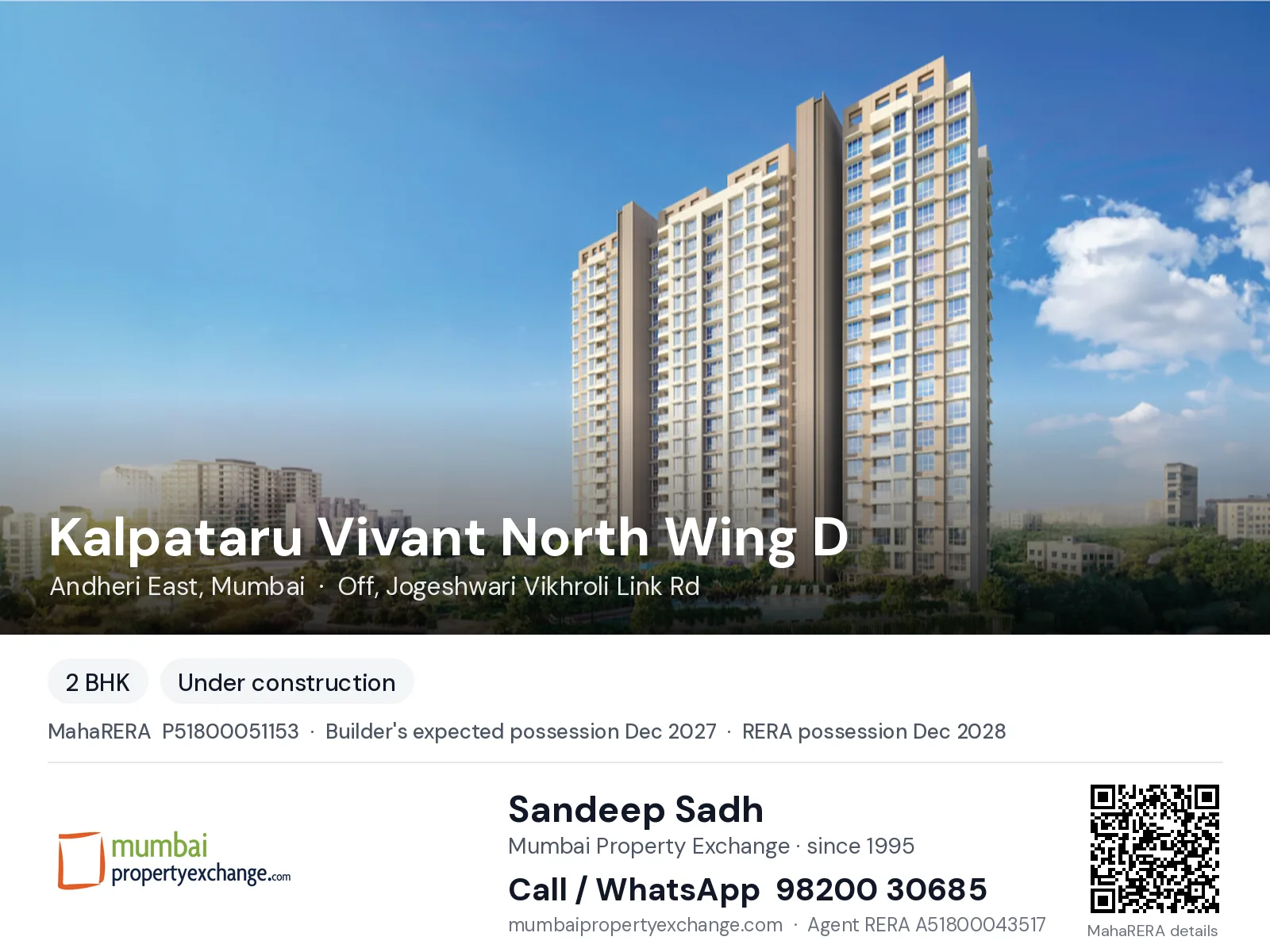 Kalpataru Vivant North Wing D, Andheri East, Mumbai — 2 BHK new project, builder's expected possession Dec 2027, RERA possession Dec 2028 | Mumbai Property Exchange, Sandeep Sadh 98200 30685