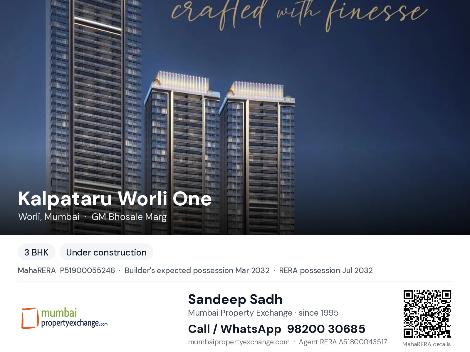 Kalpataru Worli One, Worli, Mumbai — 3 BHK new project, builder's expected possession Mar 2032, RERA possession Jul 2032 | Mumbai Property Exchange, Sandeep Sadh 98200 30685