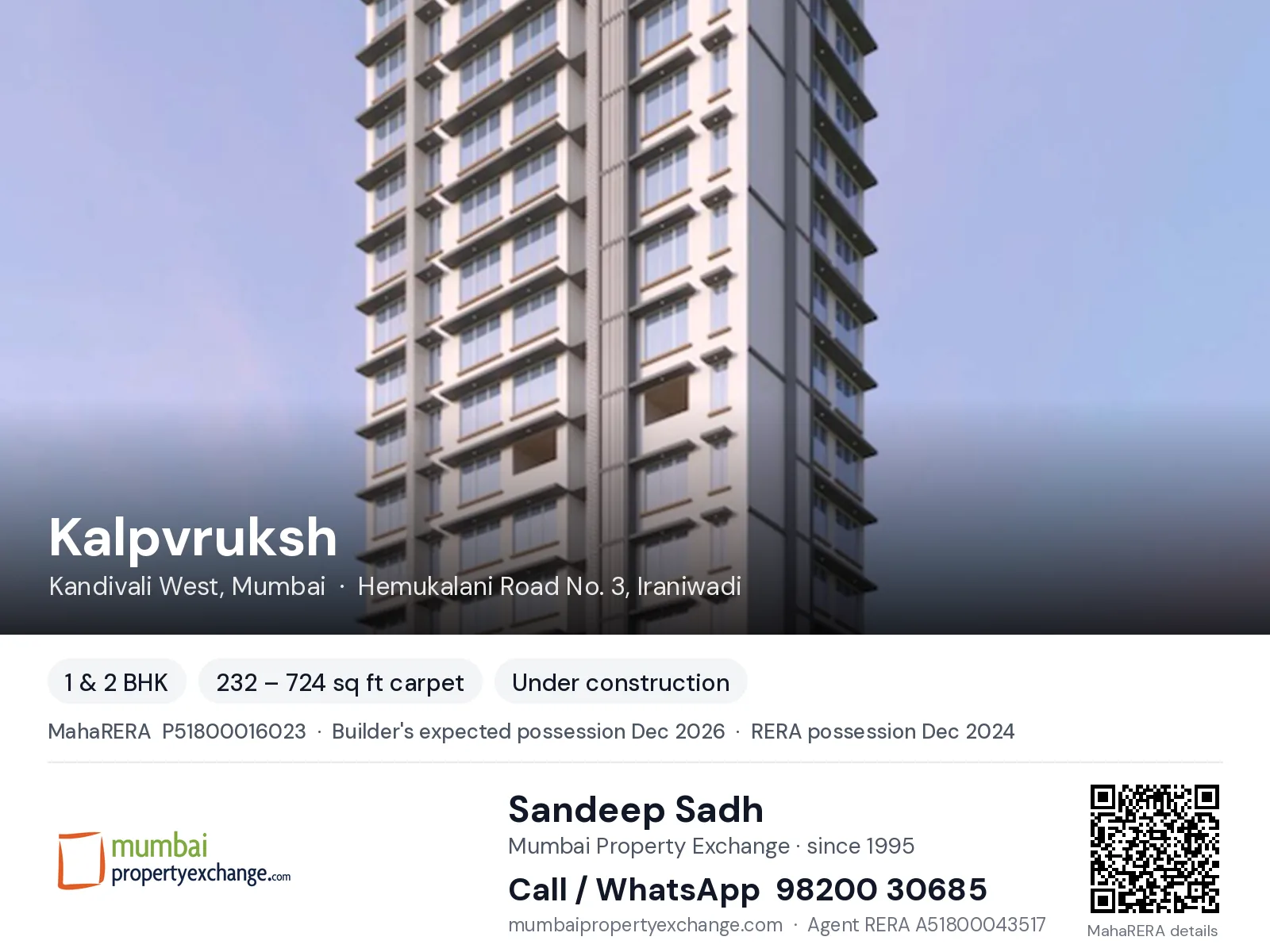 Kalpvruksh by Ikira Build Tech, Kandivali West, Mumbai — 1 & 2 BHK new project, builder's expected possession Dec 2026, RERA possession Dec 2024 | Mumbai Property Exchange, Sandeep Sadh 98200 30685
