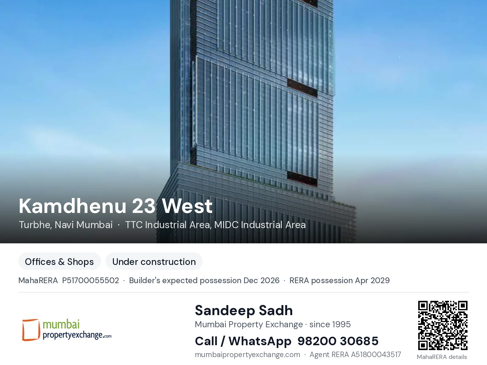 Kamdhenu 23 West, Turbhe, Navi Mumbai — new project, builder's expected possession Dec 2026, RERA possession Apr 2029 | Mumbai Property Exchange, Sandeep Sadh 98200 30685