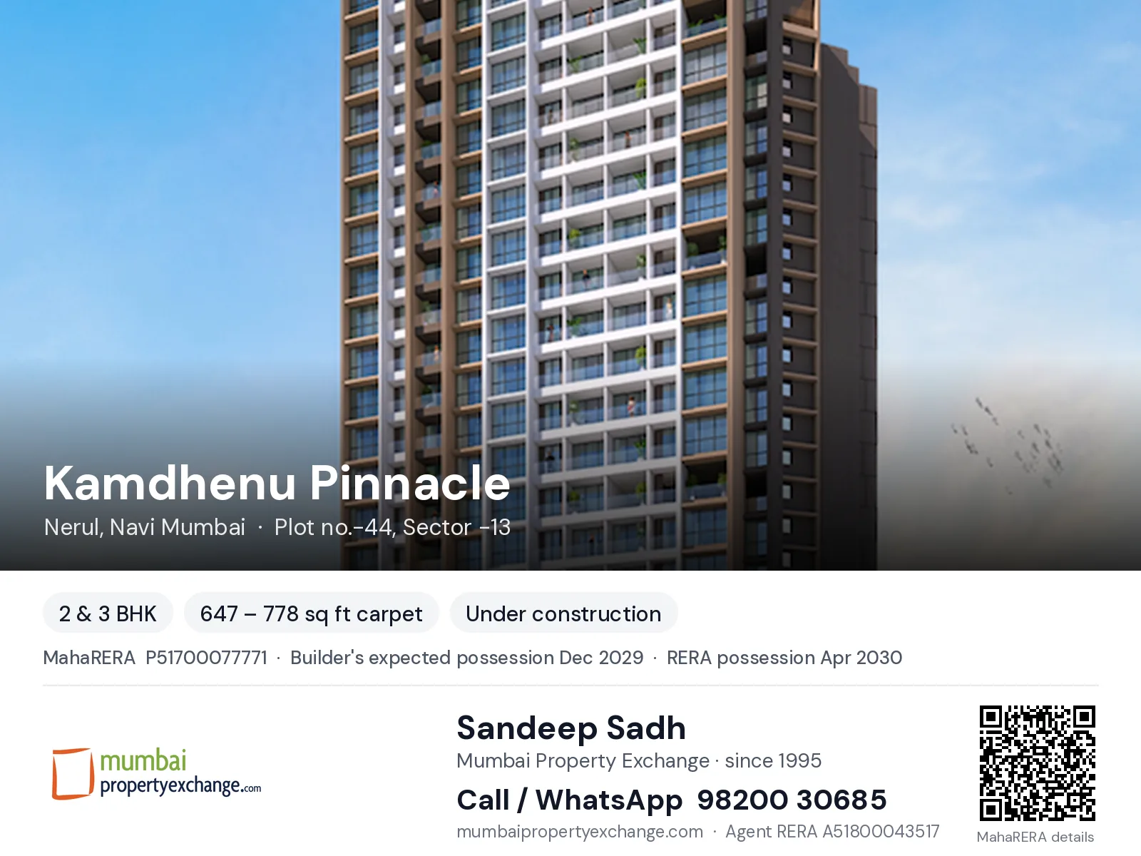 Kamdhenu Pinnacle, Nerul, Navi Mumbai — 2 & 3 BHK new project, builder's expected possession Dec 2029, RERA possession Apr 2030 | Mumbai Property Exchange, Sandeep Sadh 98200 30685