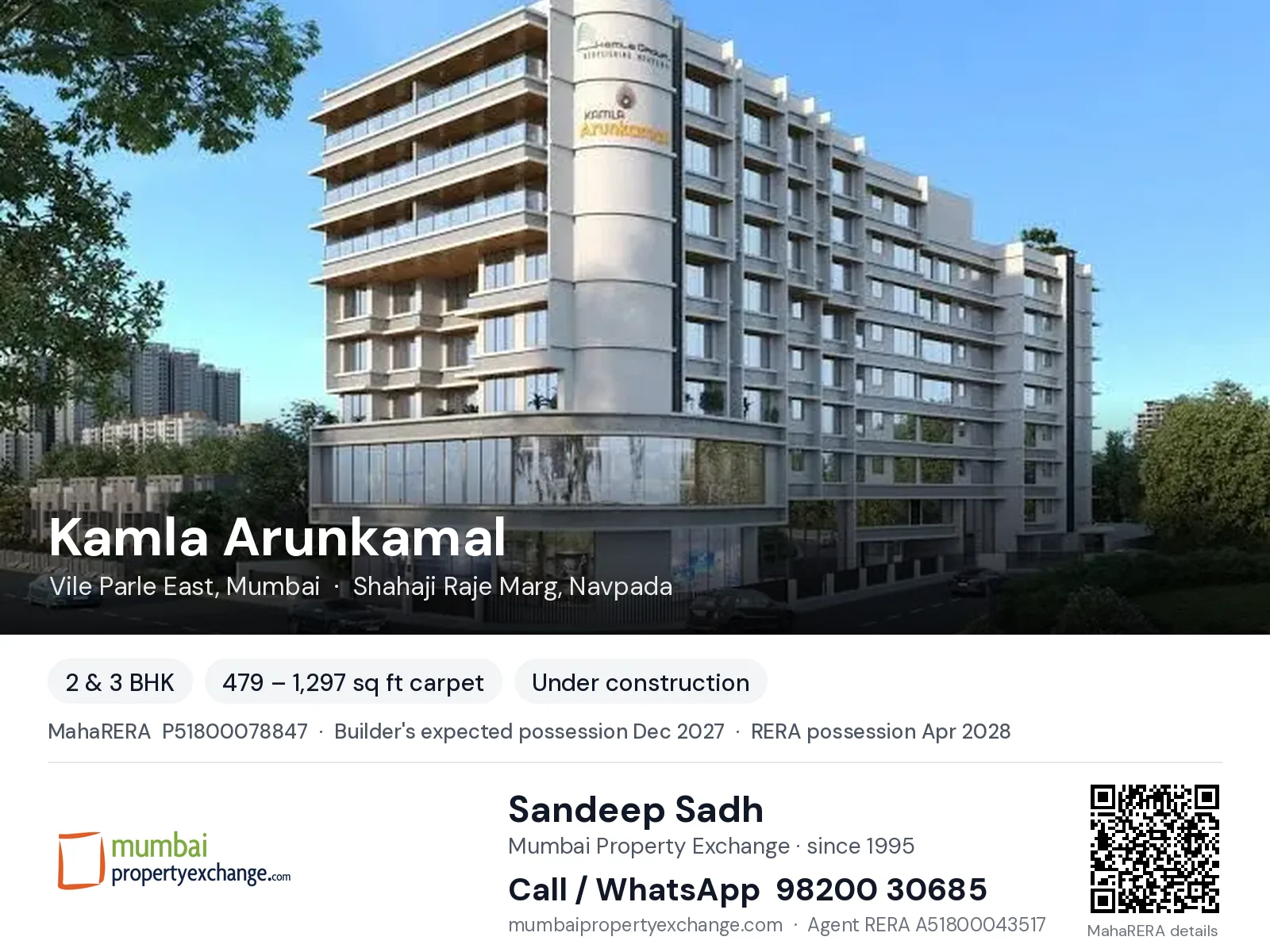 Kamla Arunkamal, Vile Parle East, Mumbai — 2 & 3 BHK new project, builder's expected possession Dec 2027, RERA possession Apr 2028 | Mumbai Property Exchange, Sandeep Sadh 98200 30685