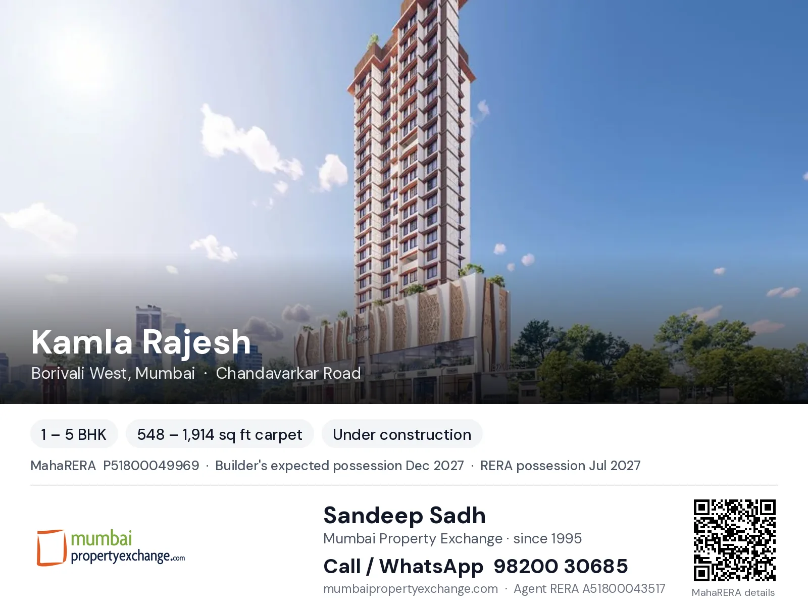 Kamla Rajesh, Borivali West, Mumbai — 1 – 5 BHK new project, builder's expected possession Dec 2027, RERA possession Jul 2027 | Mumbai Property Exchange, Sandeep Sadh 98200 30685