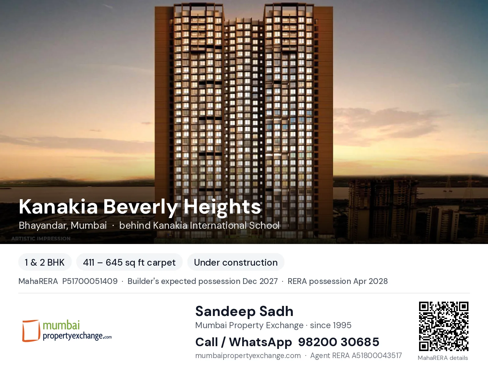 Kanakia Beverly Heights, Bhayandar, Mumbai — 1 & 2 BHK new project, builder's expected possession Dec 2027, RERA possession Apr 2028 | Mumbai Property Exchange, Sandeep Sadh 98200 30685