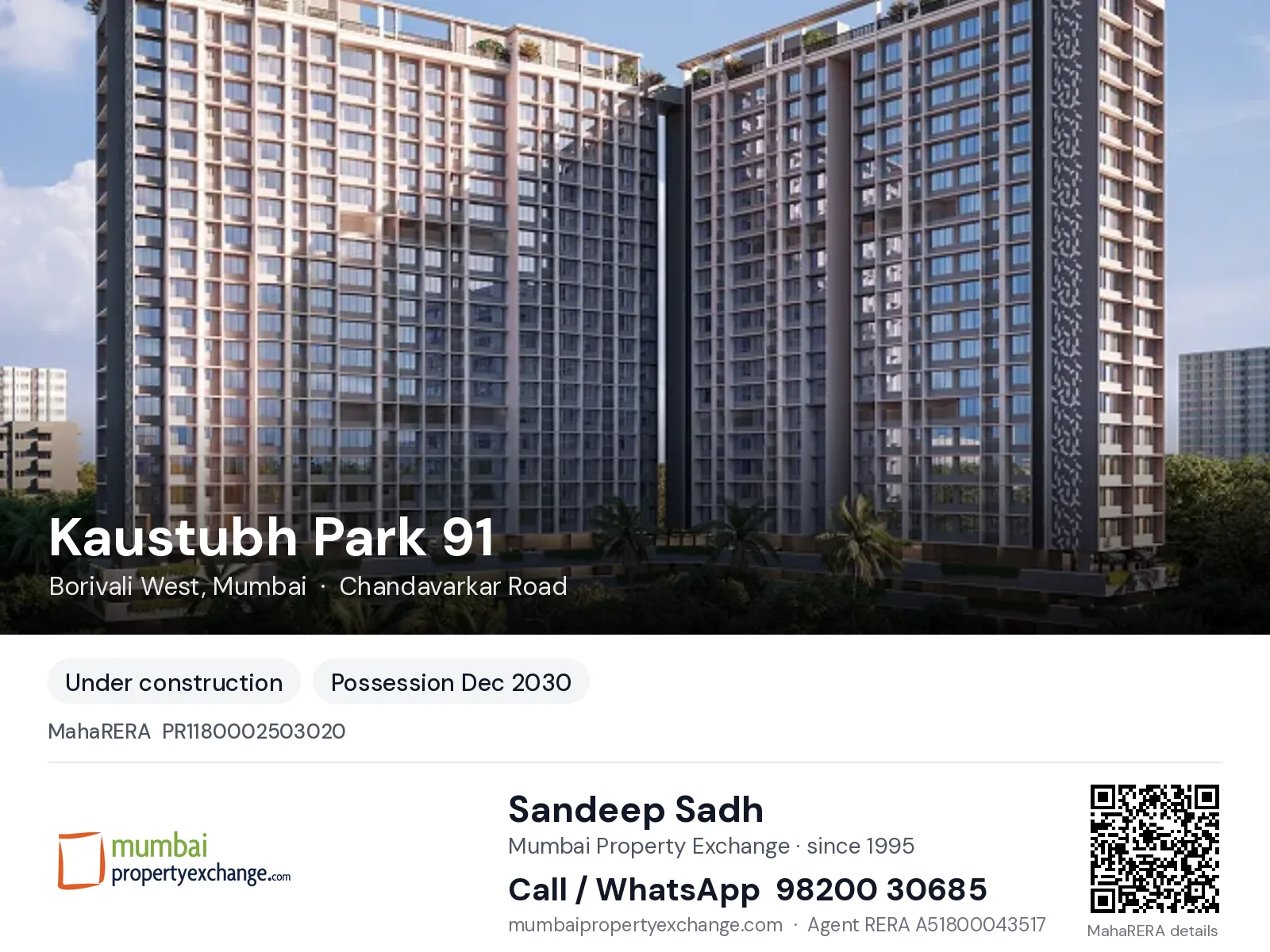 Kaustubh Park 91, Borivali West, Mumbai — new project, possession Dec 2030 | Mumbai Property Exchange, Sandeep Sadh 98200 30685