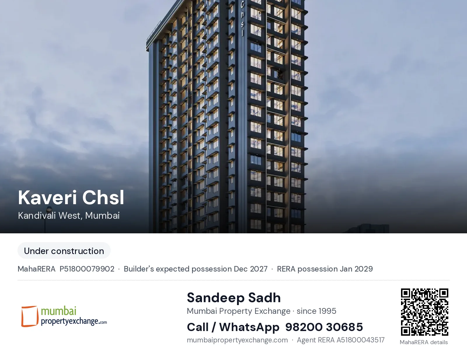 Kaveri Chsl by Jadeite, Kandivali West, Mumbai — new project, builder's expected possession Dec 2027, RERA possession Jan 2029 | Mumbai Property Exchange, Sandeep Sadh 98200 30685