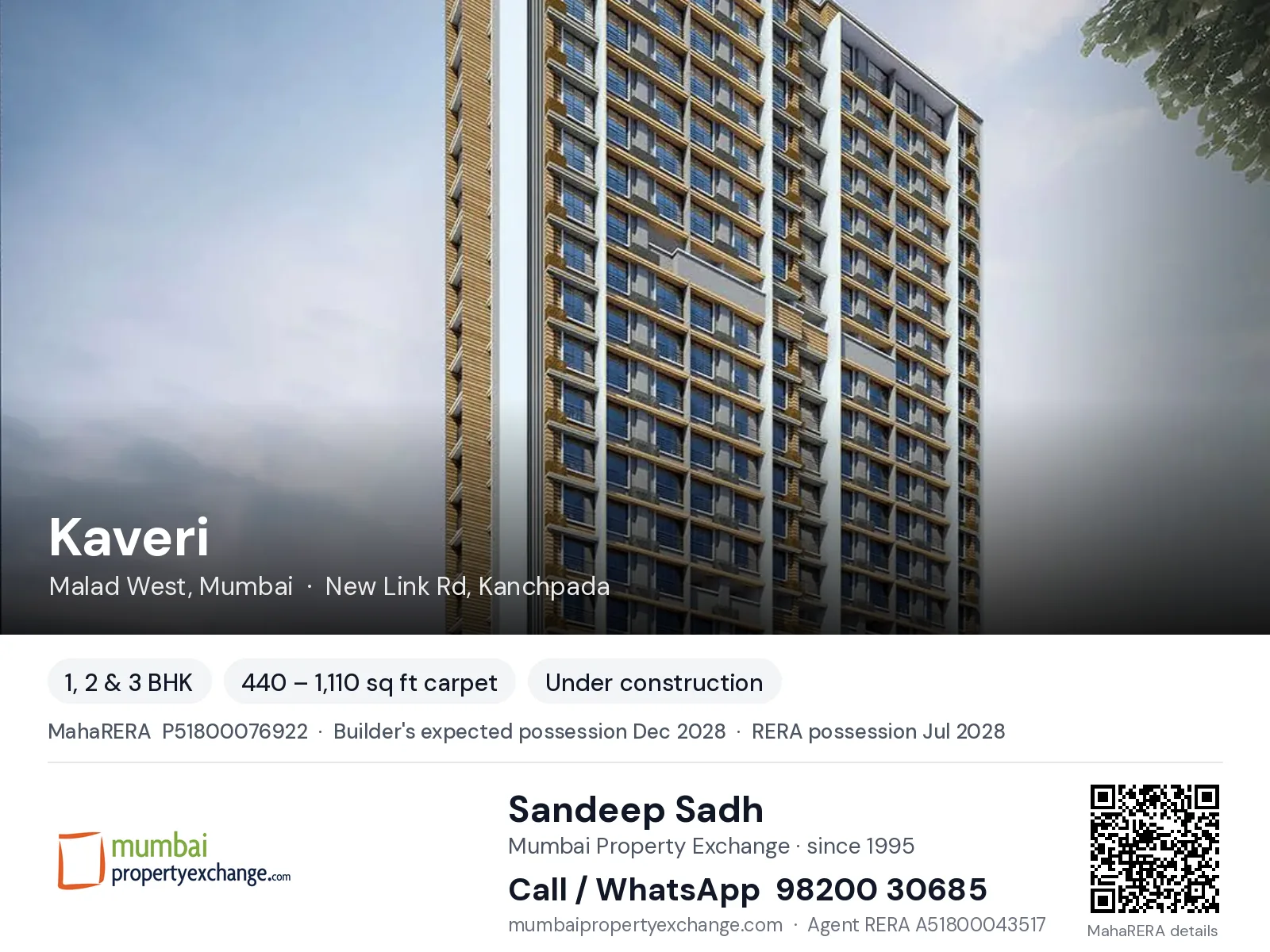 Kaveri by PCPL, Malad West, Mumbai — 1, 2 & 3 BHK new project, builder's expected possession Dec 2028, RERA possession Jul 2028 | Mumbai Property Exchange, Sandeep Sadh 98200 30685