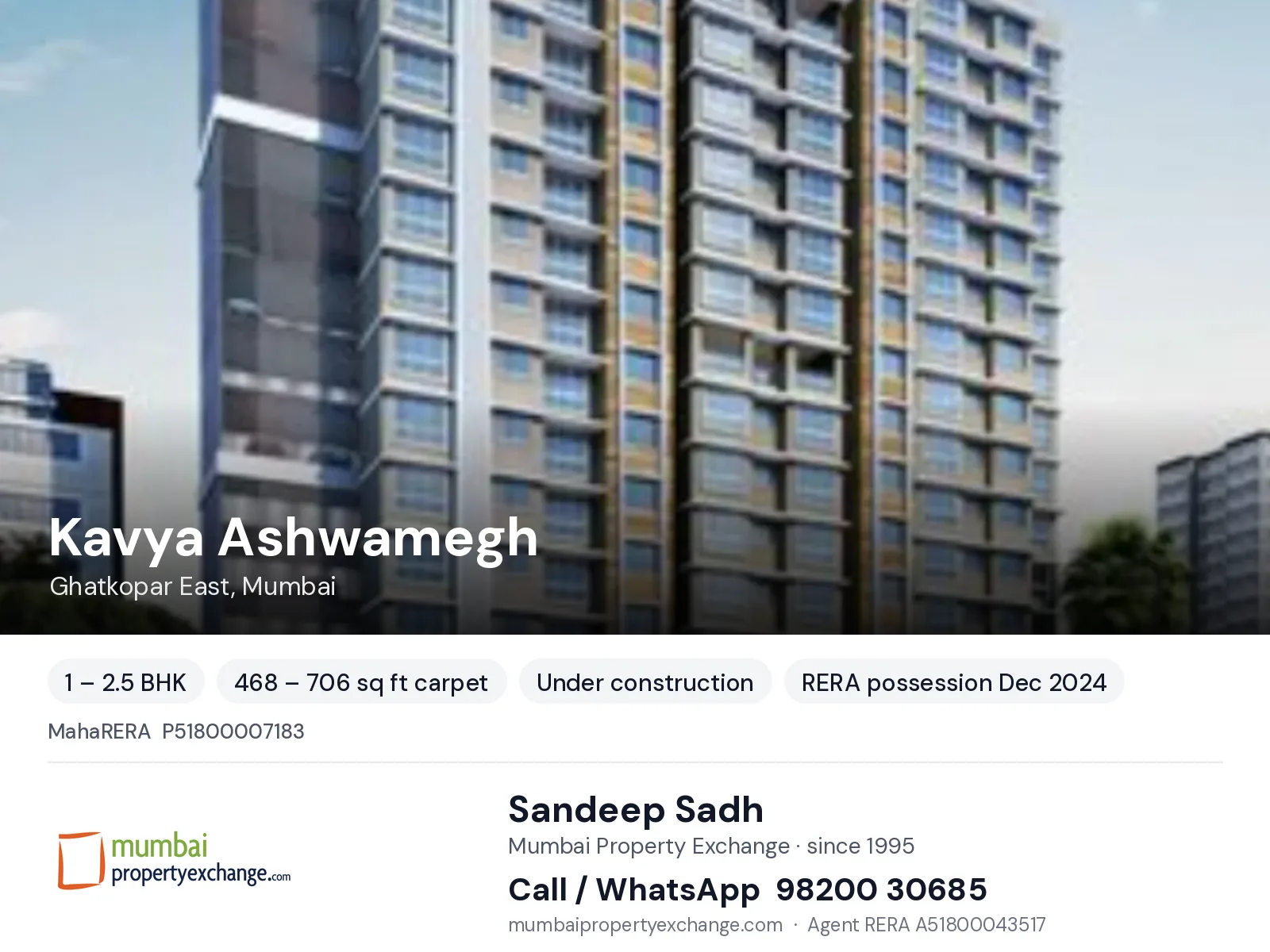 Kavya Ashwamegh, Ghatkopar East, Mumbai — 1 – 2.5 BHK new project, RERA possession Dec 2024 | Mumbai Property Exchange, Sandeep Sadh 98200 30685