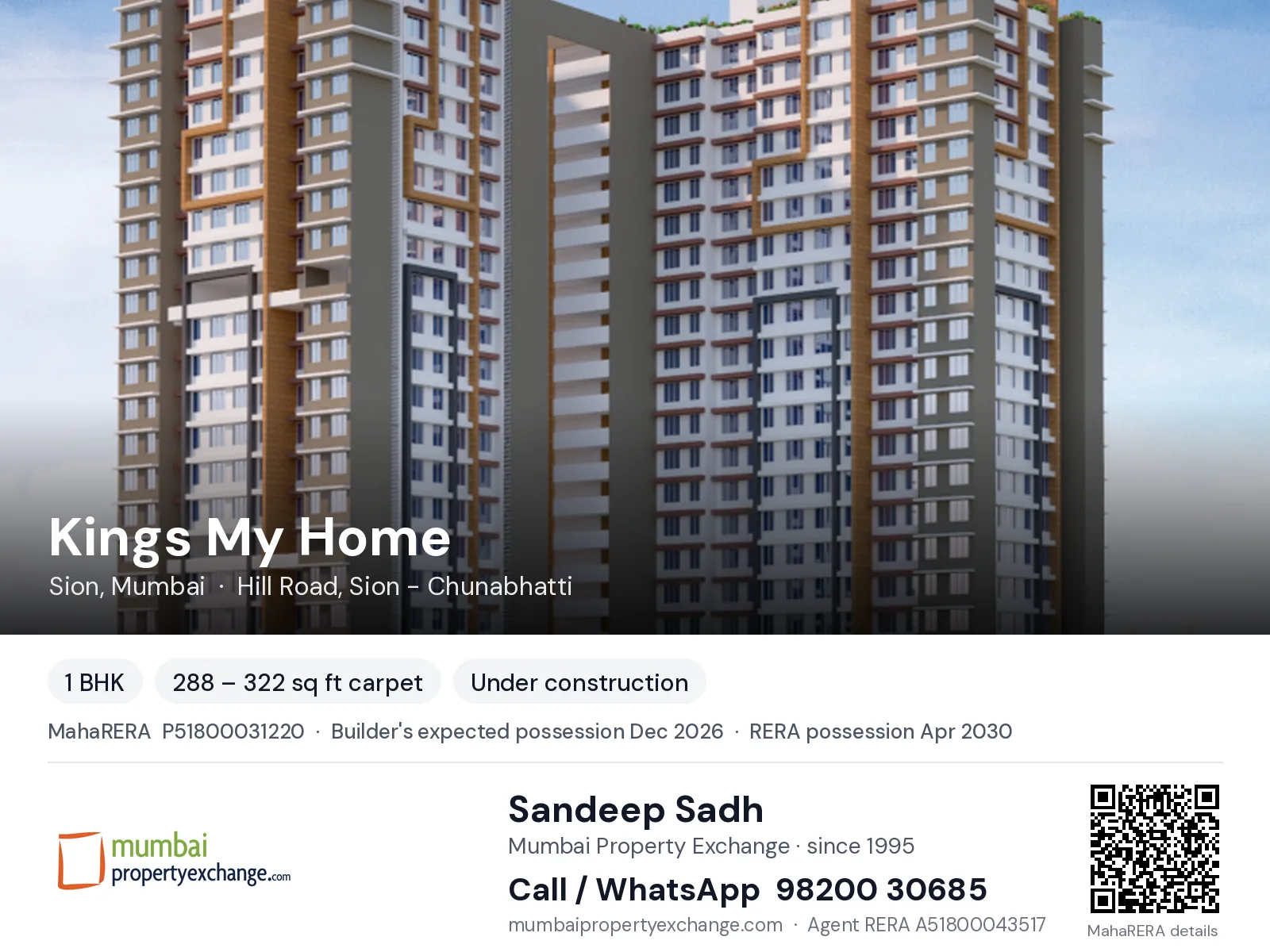 Kings My Home, Sion, Mumbai — 1 BHK new project, builder's expected possession Dec 2026, RERA possession Apr 2030 | Mumbai Property Exchange, Sandeep Sadh 98200 30685