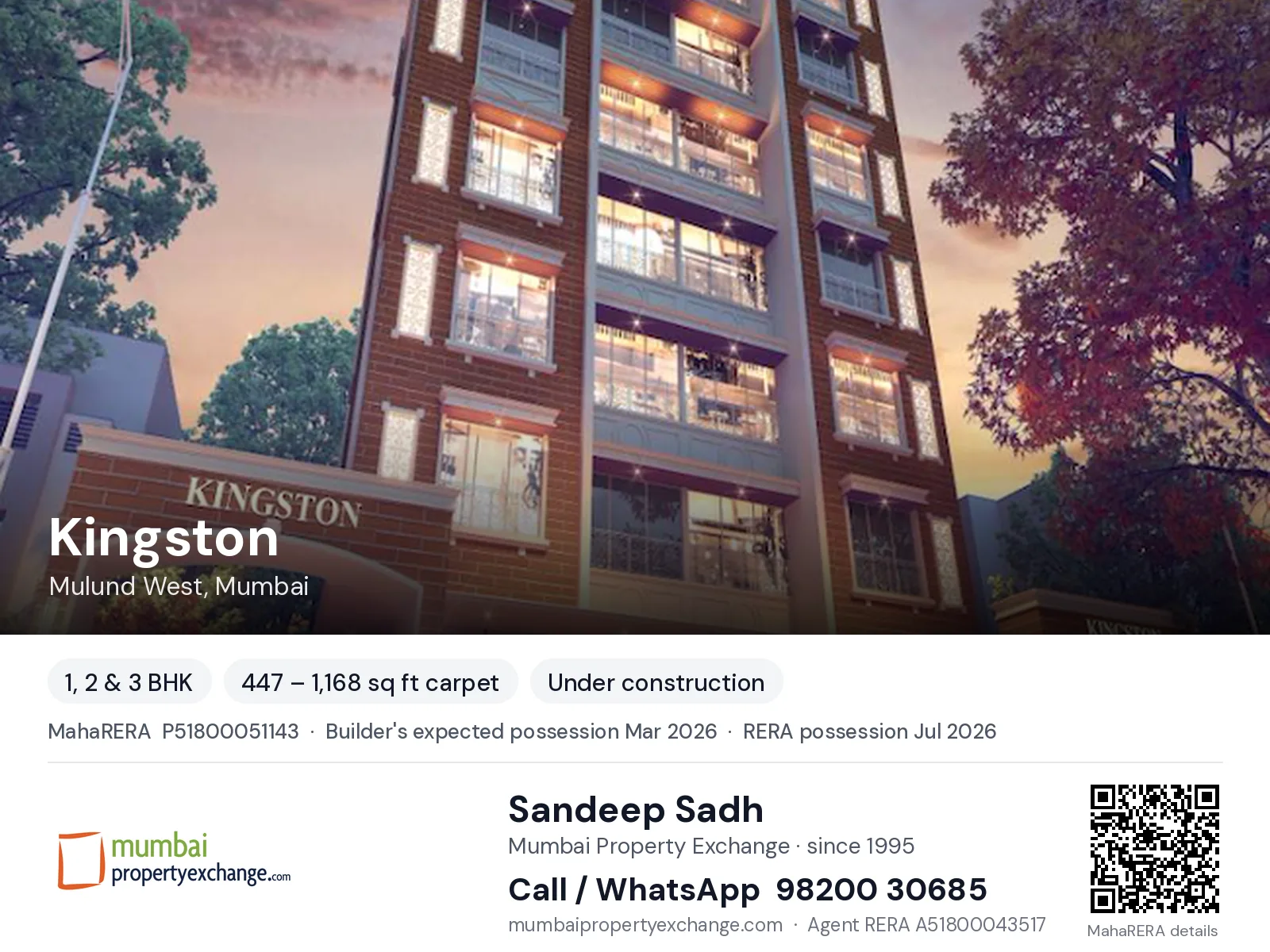 Kingston by Empire Lifespaces, Mulund West, Mumbai — 1, 2 & 3 BHK new project, builder's expected possession Mar 2026, RERA possession Jul 2026 | Mumbai Property Exchange, Sandeep Sadh 98200 30685