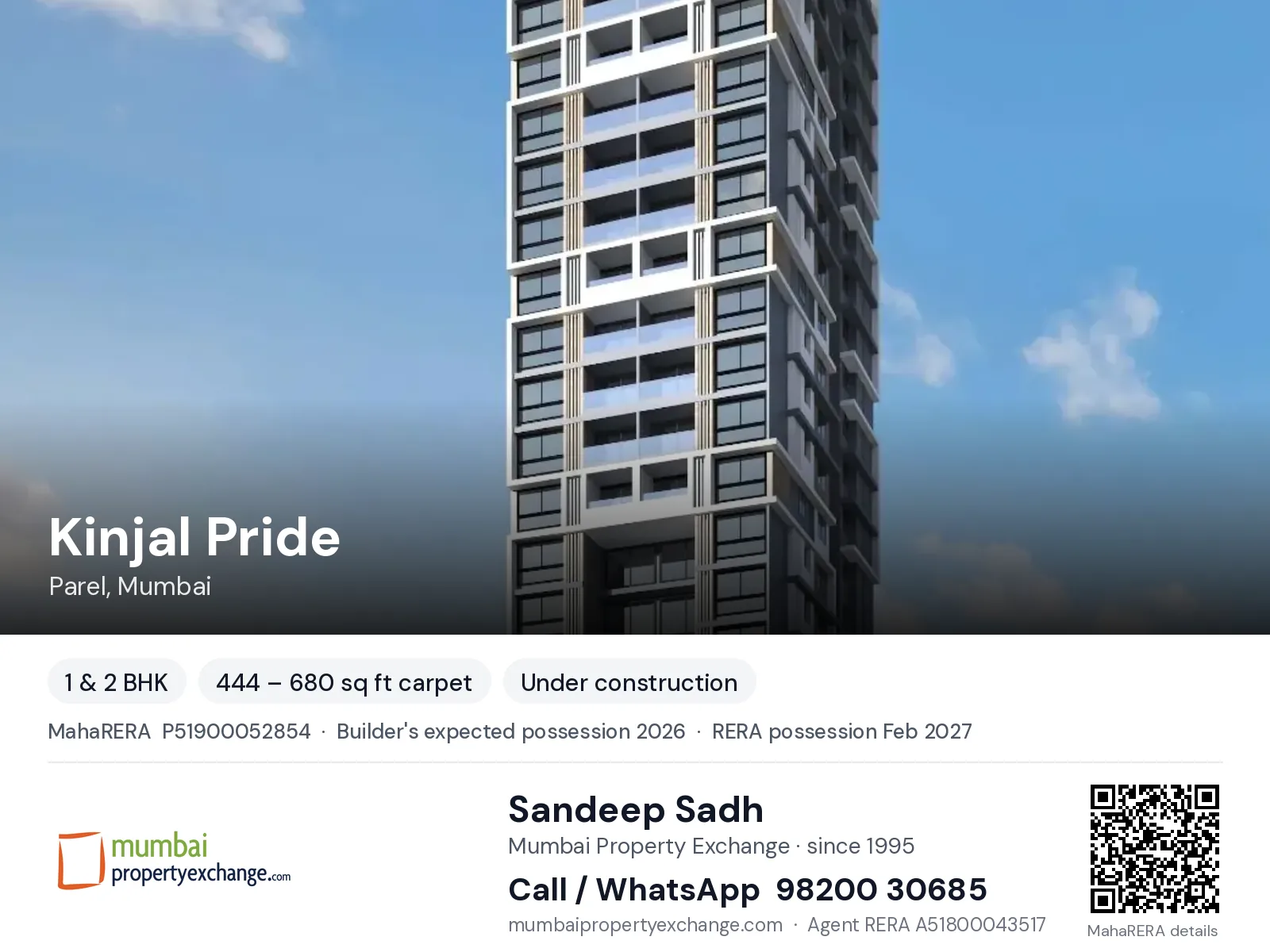Kinjal Pride by Hi Rock, Parel, Mumbai — 1 & 2 BHK new project, builder's expected possession 2026, RERA possession Feb 2027 | Mumbai Property Exchange, Sandeep Sadh 98200 30685