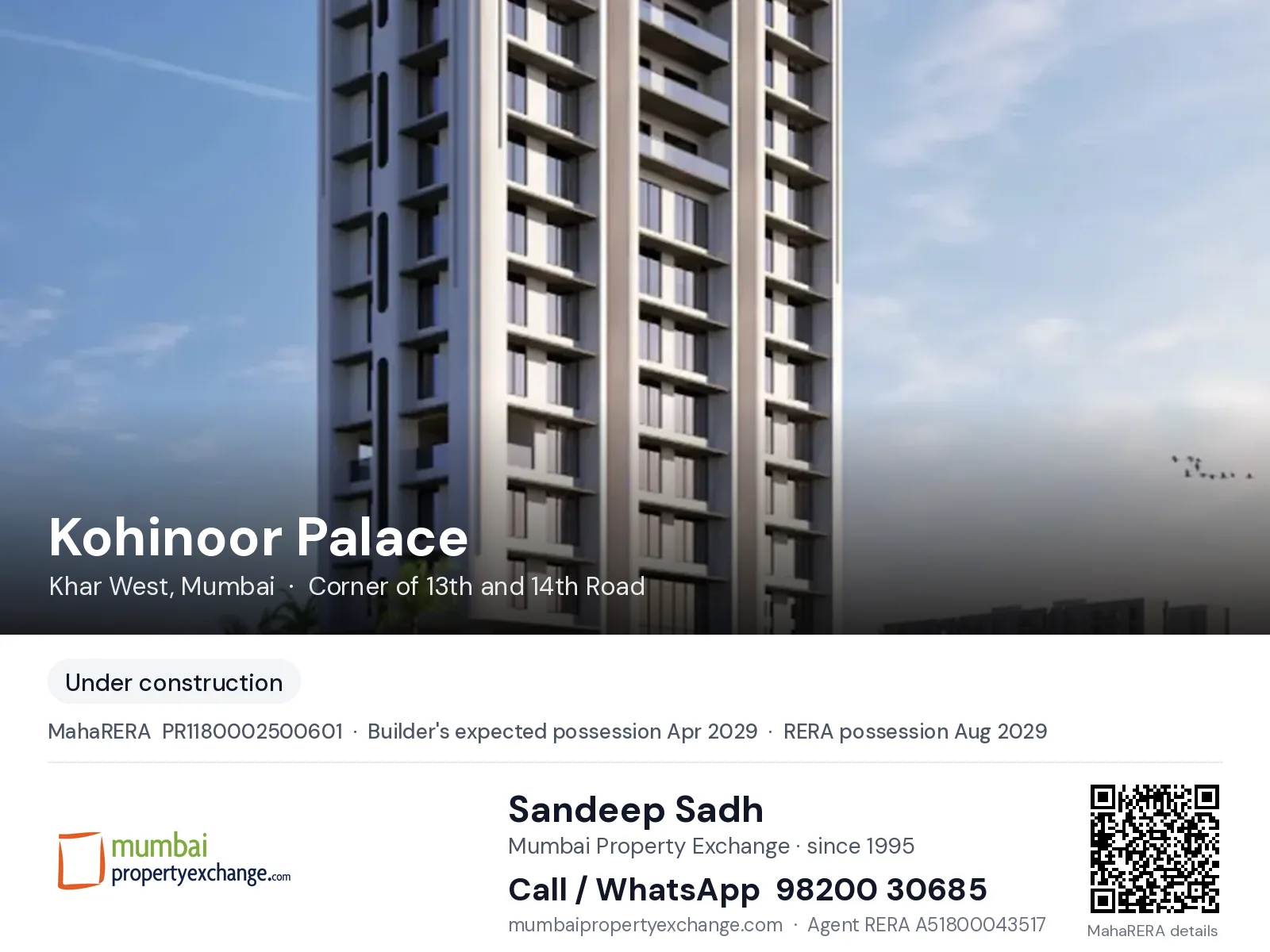 Kohinoor Palace by Zenith, Khar West, Mumbai — new project, builder's expected possession Apr 2029, RERA possession Aug 2029 | Mumbai Property Exchange, Sandeep Sadh 98200 30685