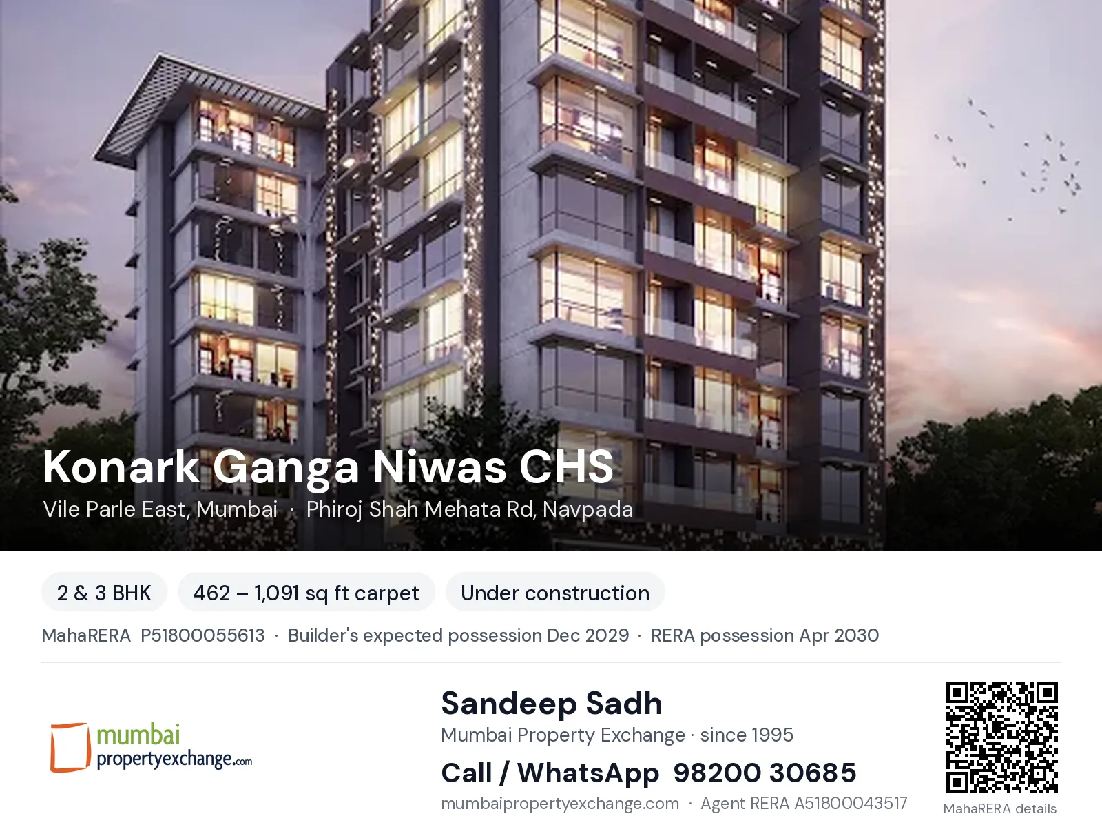 Konark Ganga Niwas CHS, Vile Parle East, Mumbai — 2 & 3 BHK new project, builder's expected possession Dec 2029, RERA possession Apr 2030 | Mumbai Property Exchange, Sandeep Sadh 98200 30685