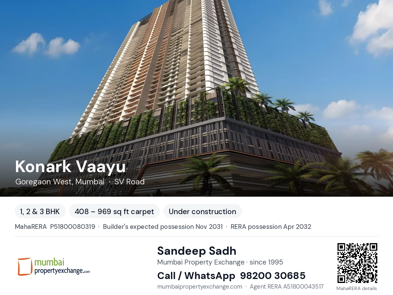 Konark Vaayu, Goregaon West, Mumbai — 1, 2 & 3 BHK new project, builder's expected possession Nov 2031, RERA possession Apr 2032 | Mumbai Property Exchange, Sandeep Sadh 98200 30685