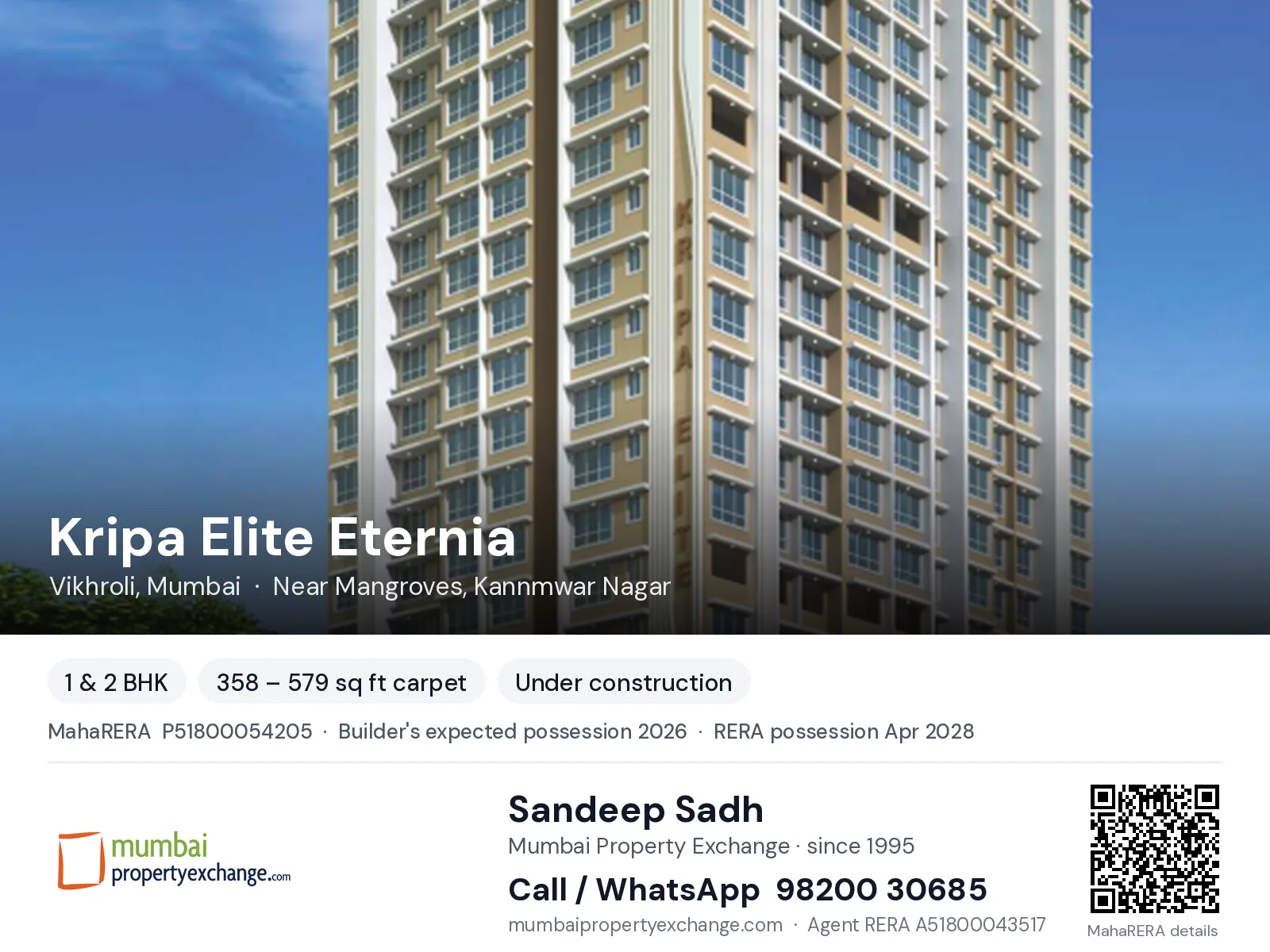 Kripa Elite Eternia, Vikhroli, Mumbai — 1 & 2 BHK new project, builder's expected possession 2026, RERA possession Apr 2028 | Mumbai Property Exchange, Sandeep Sadh 98200 30685
