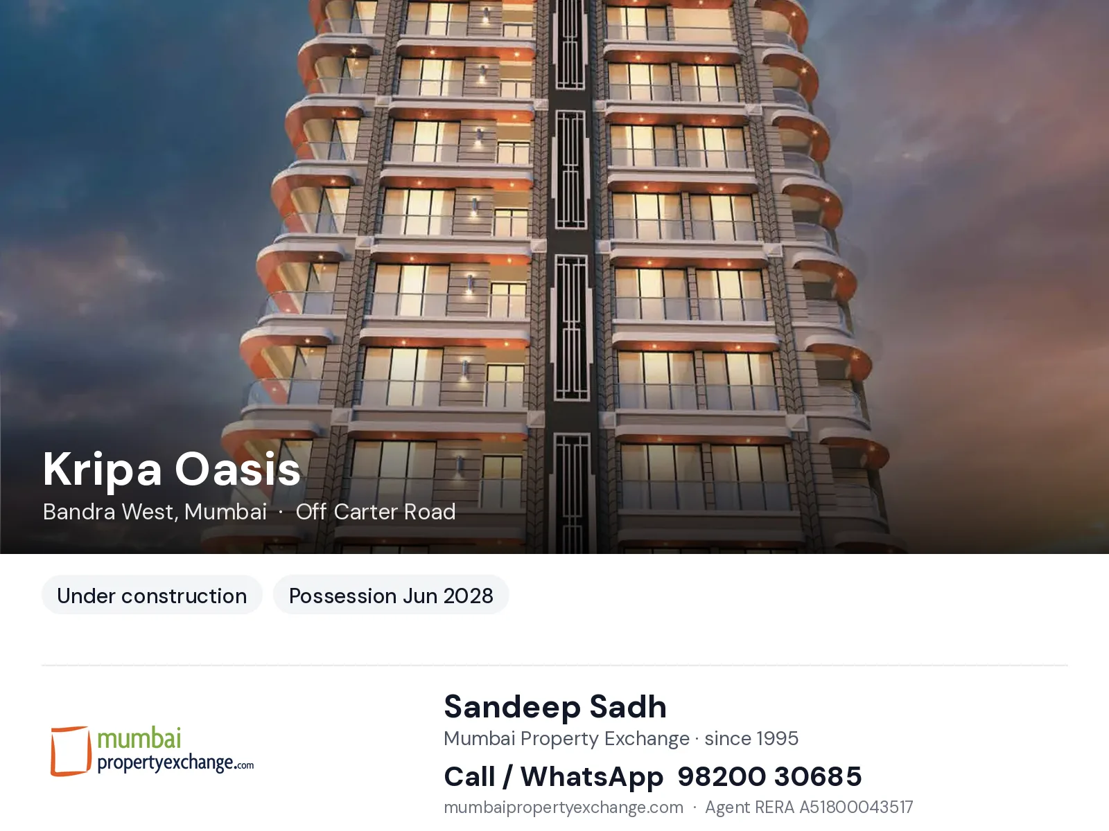 Kripa Oasis, Bandra West, Mumbai — new project, possession Jun 2028 | Mumbai Property Exchange, Sandeep Sadh 98200 30685