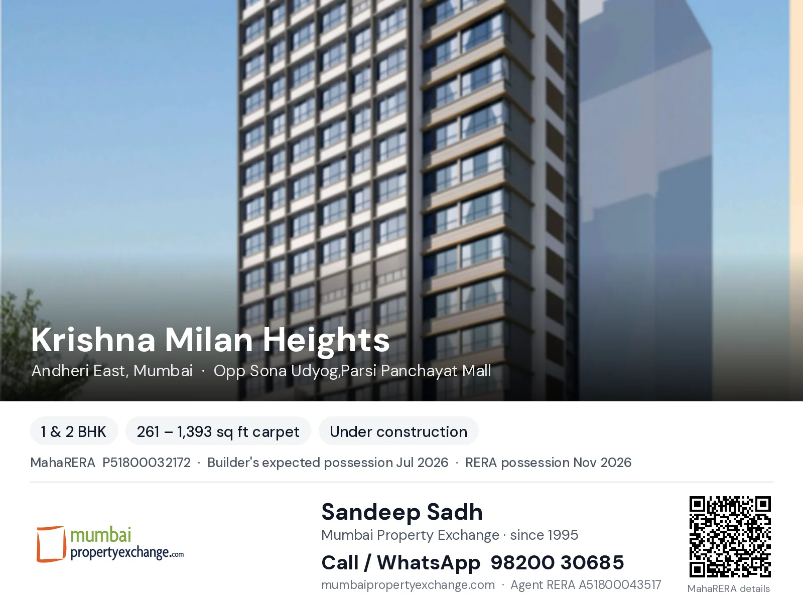 Krishna Milan Heights, Andheri East, Mumbai — 1 & 2 BHK new project, builder's expected possession Jul 2026, RERA possession Nov 2026 | Mumbai Property Exchange, Sandeep Sadh 98200 30685