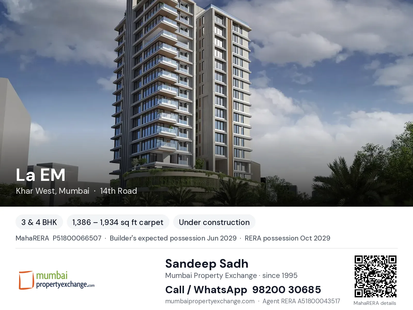 La EM by S Raheja, Khar West, Mumbai — 3 & 4 BHK new project, builder's expected possession Jun 2029, RERA possession Oct 2029 | Mumbai Property Exchange, Sandeep Sadh 98200 30685