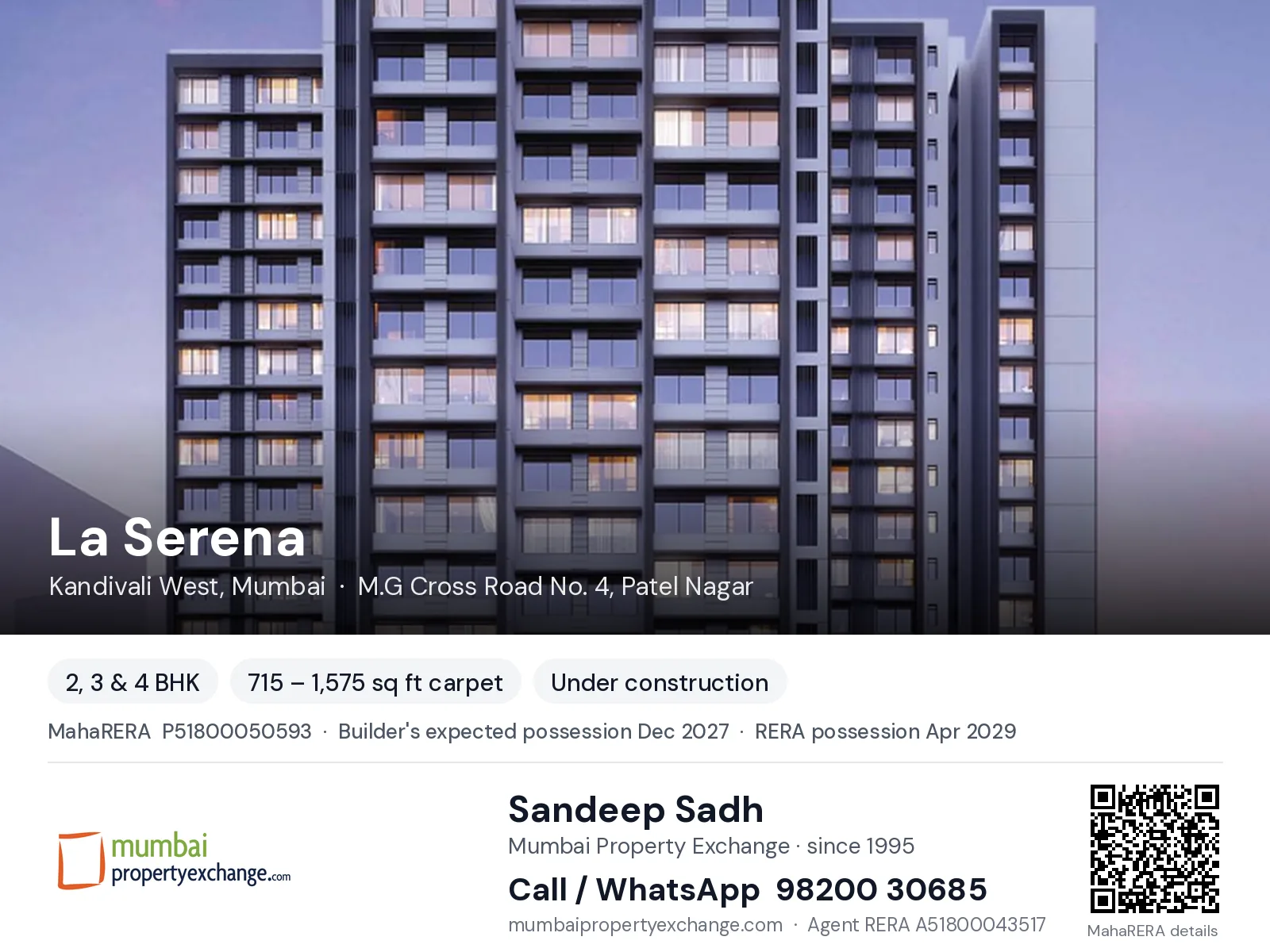 La Serena by V Raheja, Kandivali West, Mumbai — 2, 3 & 4 BHK new project, builder's expected possession Dec 2027, RERA possession Apr 2029 | Mumbai Property Exchange, Sandeep Sadh 98200 30685