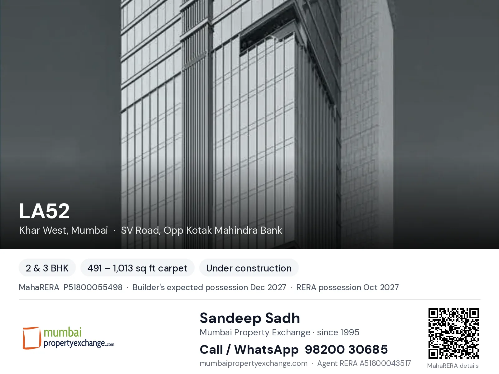 LA52 by Landmark, Khar West, Mumbai — 2 & 3 BHK new project, builder's expected possession Dec 2027, RERA possession Oct 2027 | Mumbai Property Exchange, Sandeep Sadh 98200 30685
