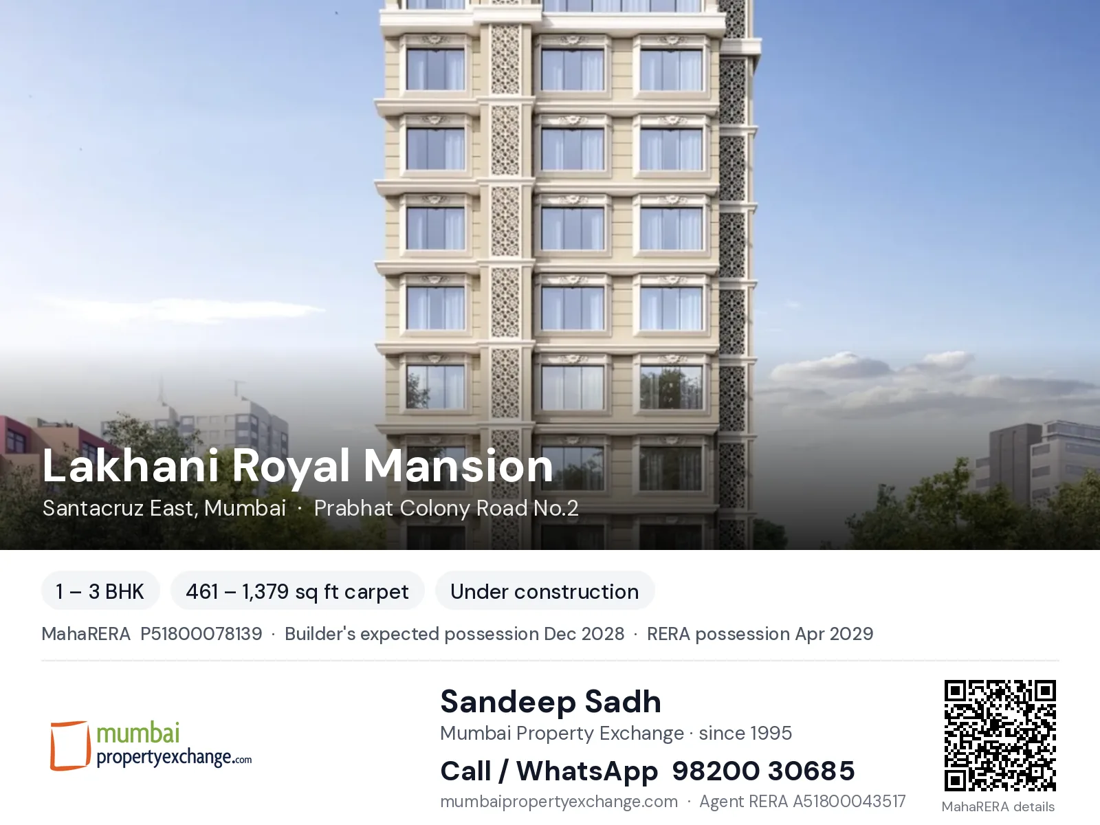Lakhani Royal Mansion by Lakhanis, Santacruz East, Mumbai — 1 – 3 BHK new project, builder's expected possession Dec 2028, RERA possession Apr 2029 | Mumbai Property Exchange, Sandeep Sadh 98200 30685