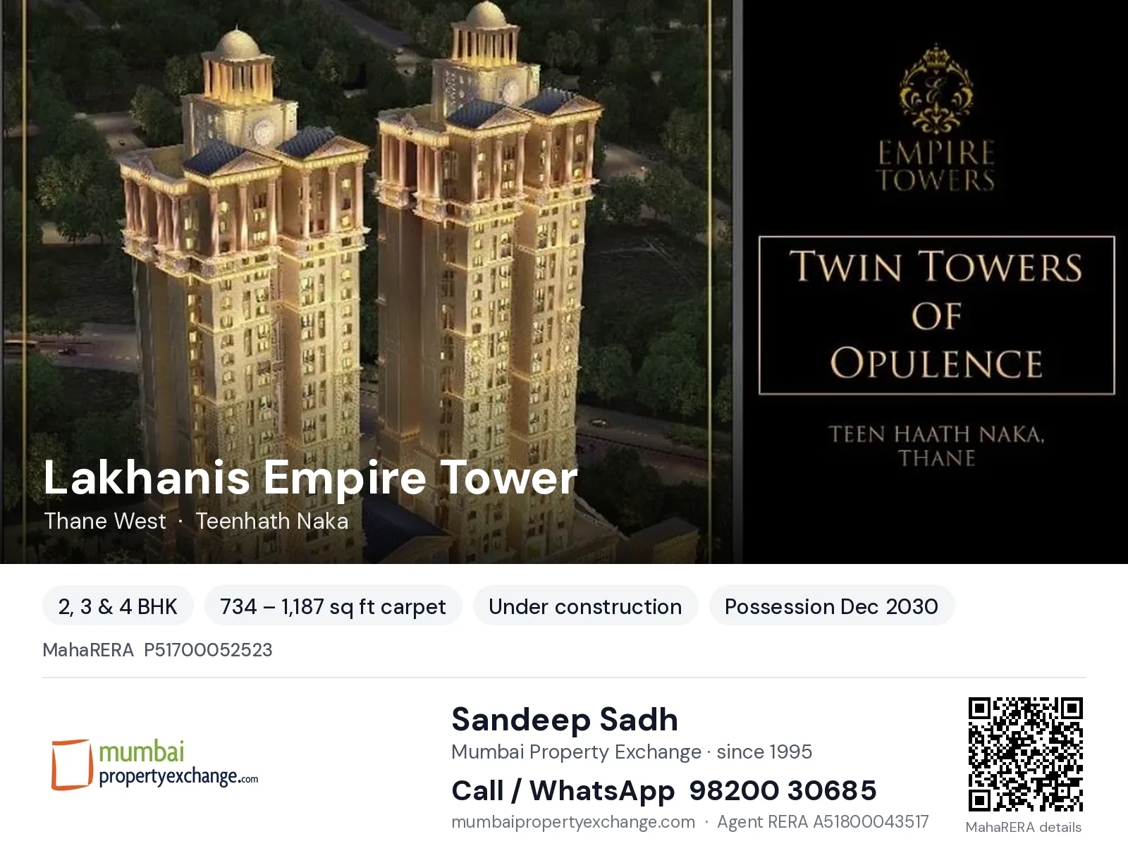 Lakhanis Empire Tower, Thane West — 2, 3 & 4 BHK new project, possession Dec 2030 | Mumbai Property Exchange, Sandeep Sadh 98200 30685