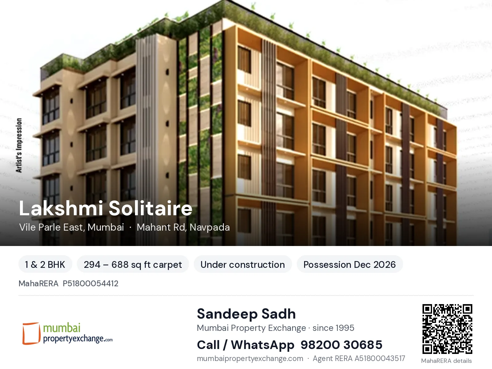 Lakshmi Solitaire, Vile Parle East, Mumbai — 1 & 2 BHK new project, possession Dec 2026 | Mumbai Property Exchange, Sandeep Sadh 98200 30685