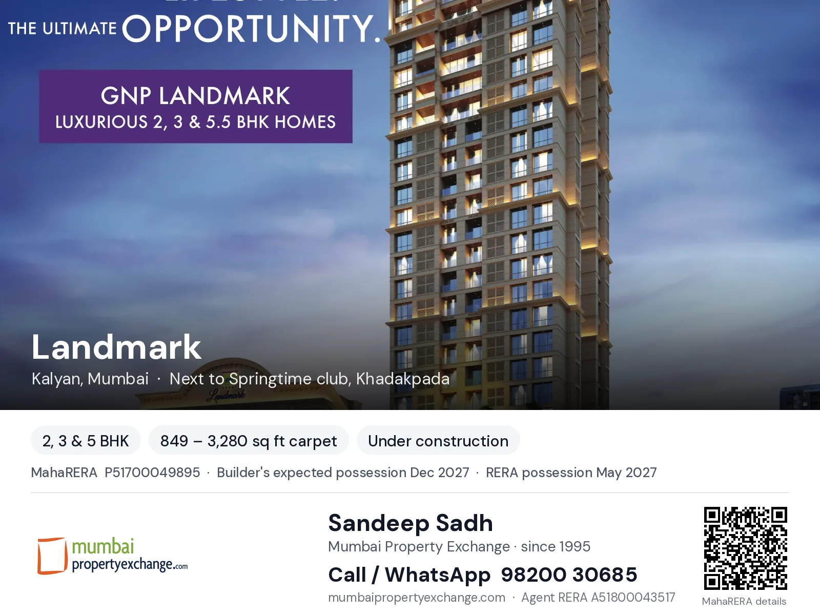 Landmark by GNP, Kalyan, Mumbai — 2, 3 & 5 BHK new project, builder's expected possession Dec 2027, RERA possession May 2027 | Mumbai Property Exchange, Sandeep Sadh 98200 30685