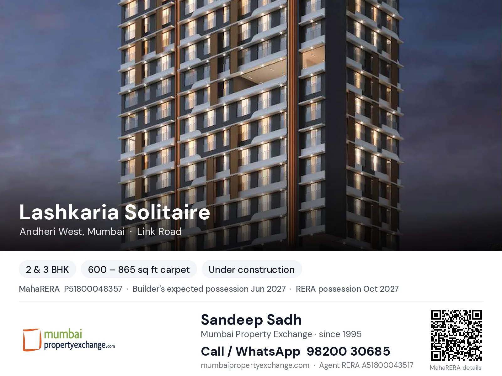 Lashkaria Solitaire, Andheri West, Mumbai — 2 & 3 BHK new project, builder's expected possession Jun 2027, RERA possession Oct 2027 | Mumbai Property Exchange, Sandeep Sadh 98200 30685