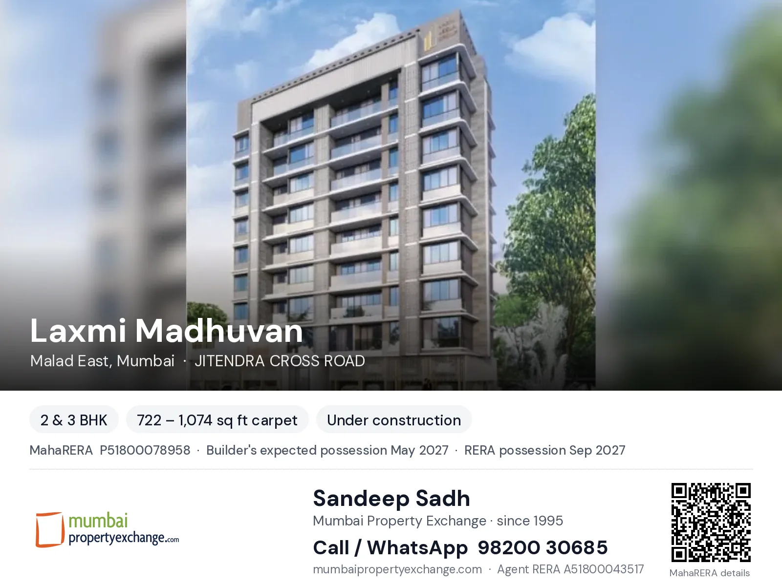 Laxmi Madhuvan, Malad East, Mumbai — 2 & 3 BHK new project, builder's expected possession May 2027, RERA possession Sep 2027 | Mumbai Property Exchange, Sandeep Sadh 98200 30685