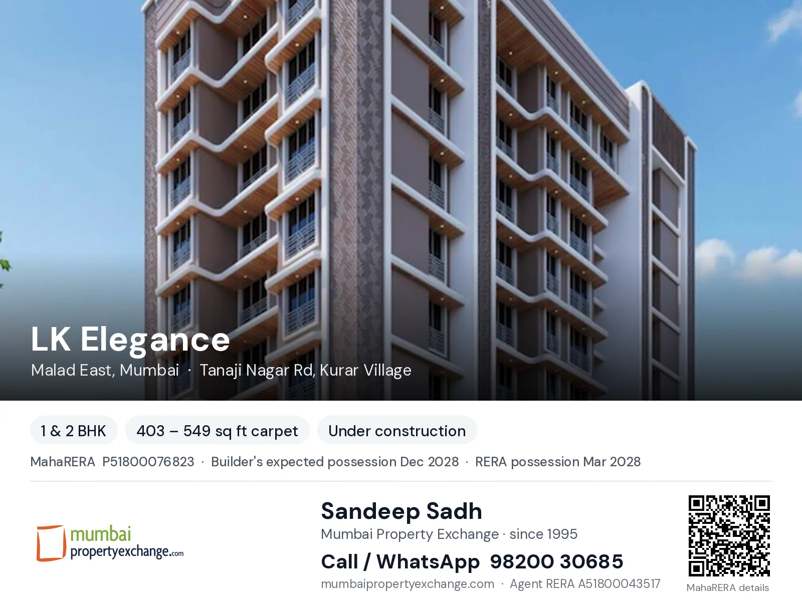 LK Elegance by L K Infracon, Malad East, Mumbai — 1 & 2 BHK new project, builder's expected possession Dec 2028, RERA possession Mar 2028 | Mumbai Property Exchange, Sandeep Sadh 98200 30685