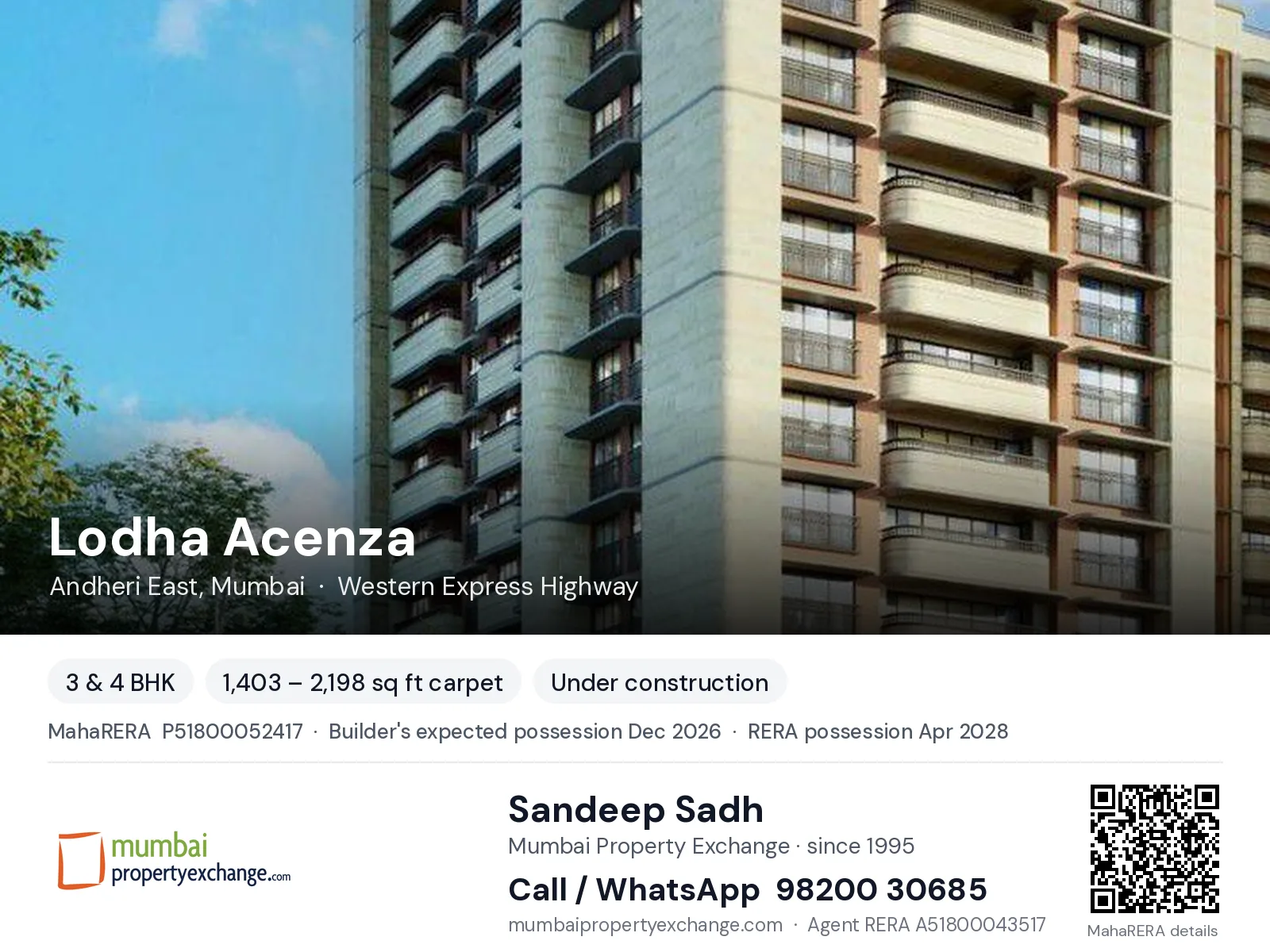 Lodha Acenza, Andheri East, Mumbai — 3 & 4 BHK new project, builder's expected possession Dec 2026, RERA possession Apr 2028 | Mumbai Property Exchange, Sandeep Sadh 98200 30685
