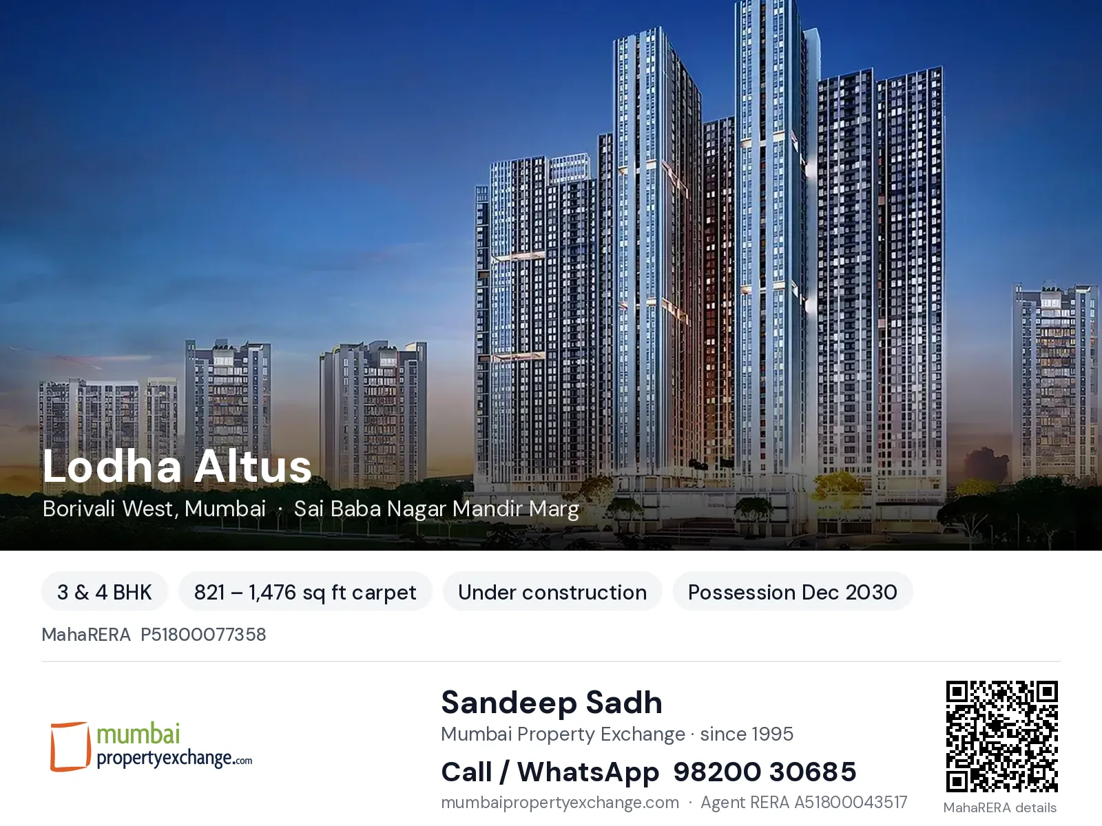 Lodha Altus, Borivali West, Mumbai — 3 & 4 BHK new project, possession Dec 2030 | Mumbai Property Exchange, Sandeep Sadh 98200 30685