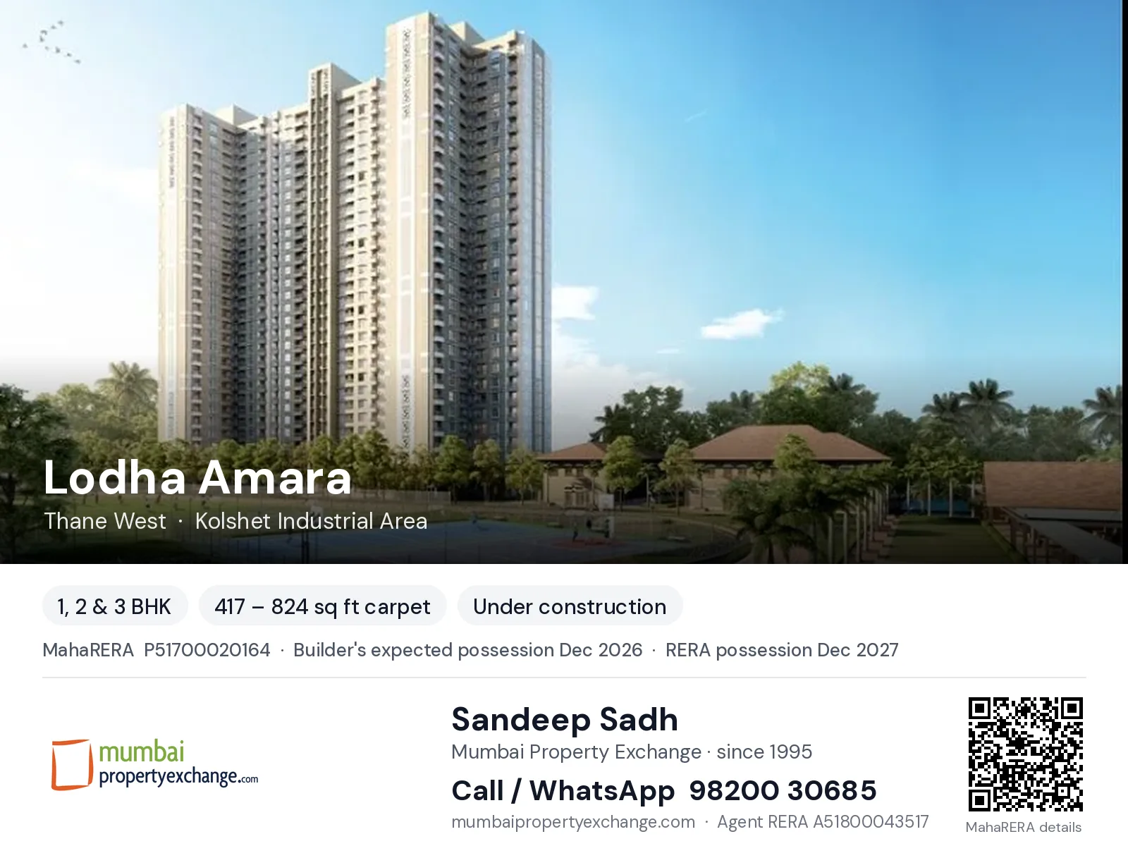 Lodha Amara, Thane West — 1, 2 & 3 BHK new project, builder's expected possession Dec 2026, RERA possession Dec 2027 | Mumbai Property Exchange, Sandeep Sadh 98200 30685