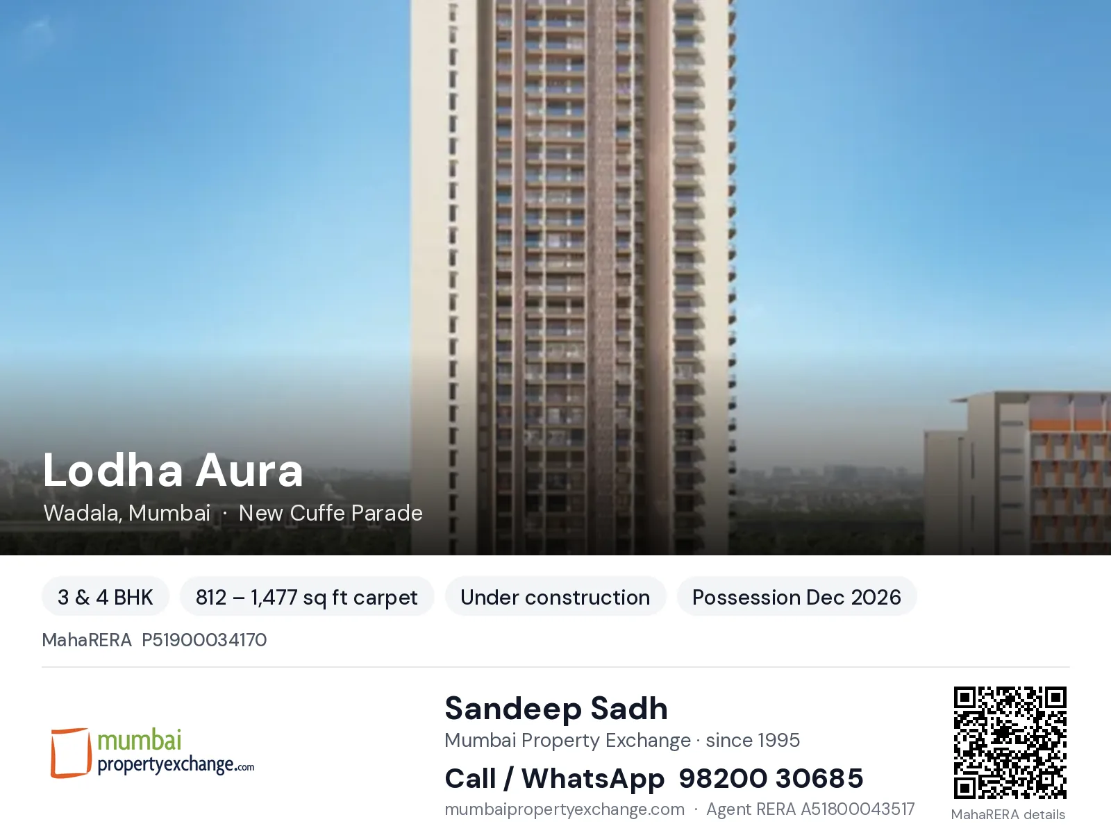 Lodha Aura, Wadala, Mumbai — 3 & 4 BHK new project, possession Dec 2026 | Mumbai Property Exchange, Sandeep Sadh 98200 30685