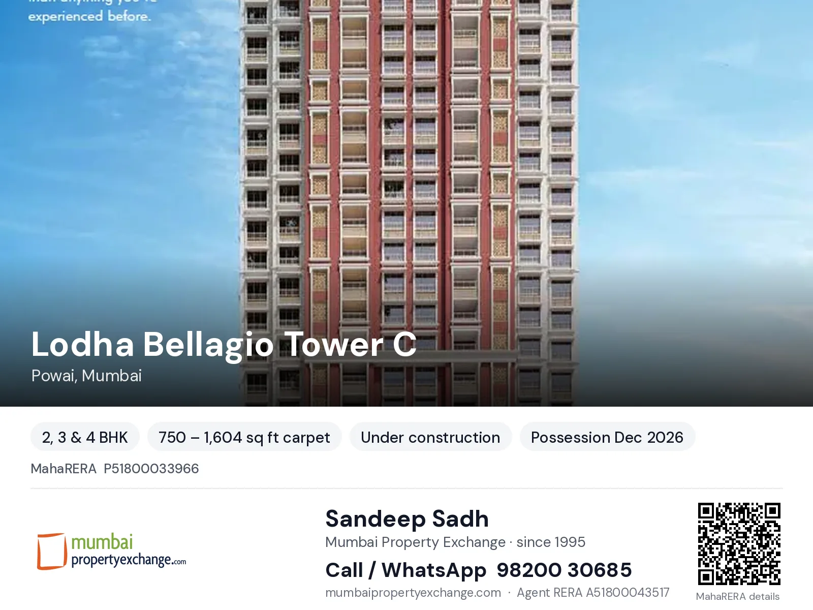 Lodha Bellagio Tower C, Powai, Mumbai — 2, 3 & 4 BHK new project, possession Dec 2026 | Mumbai Property Exchange, Sandeep Sadh 98200 30685