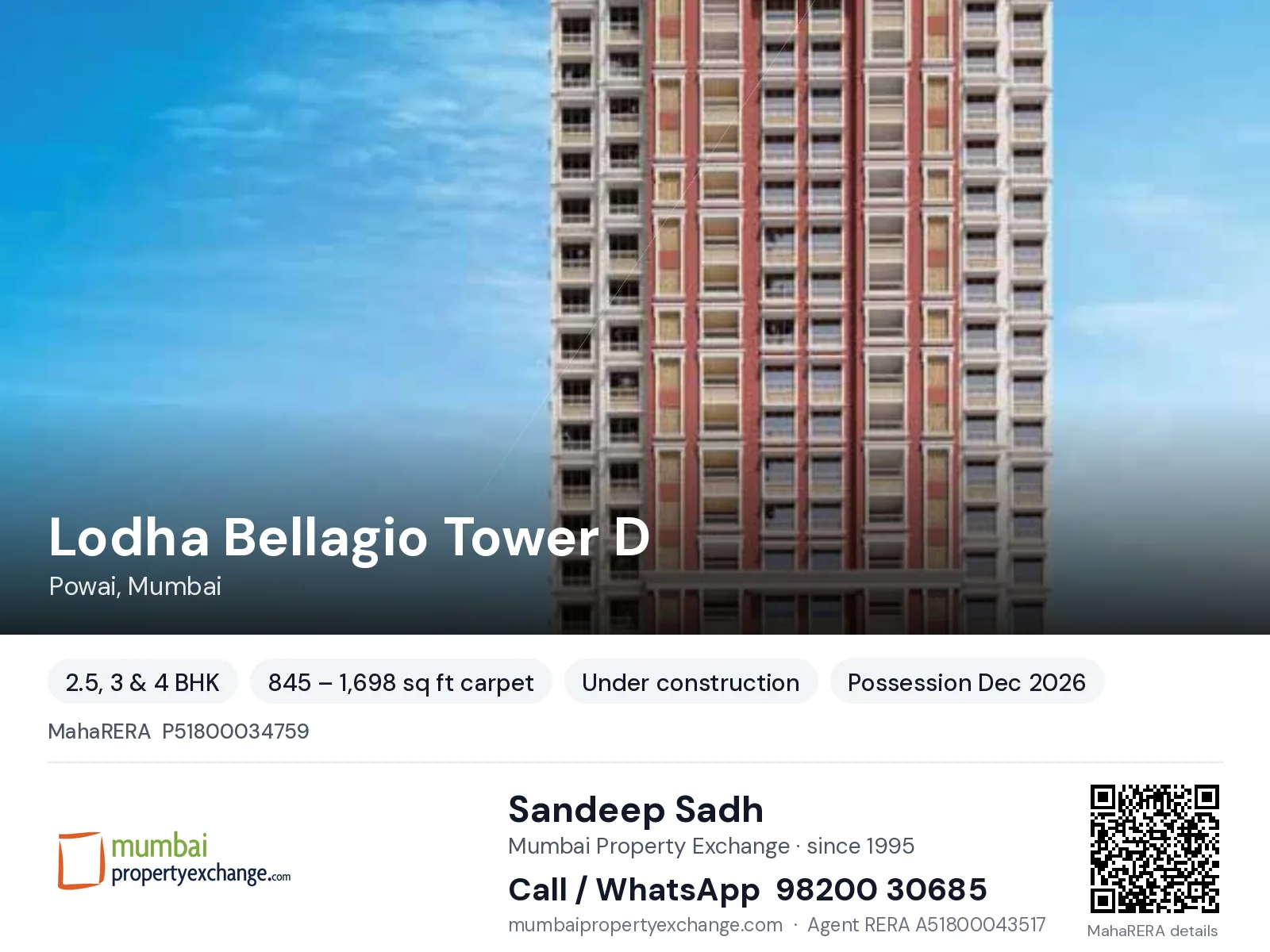 Lodha Bellagio Tower D, Powai, Mumbai — 2.5, 3 & 4 BHK new project, possession Dec 2026 | Mumbai Property Exchange, Sandeep Sadh 98200 30685