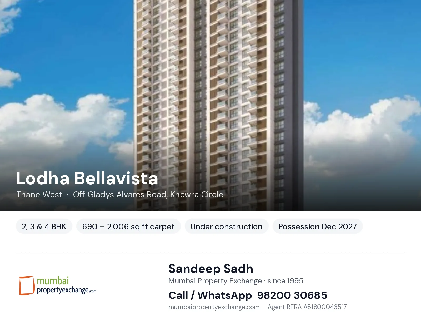 Lodha Bellavista, Thane West — 2, 3 & 4 BHK new project, possession Dec 2027 | Mumbai Property Exchange, Sandeep Sadh 98200 30685