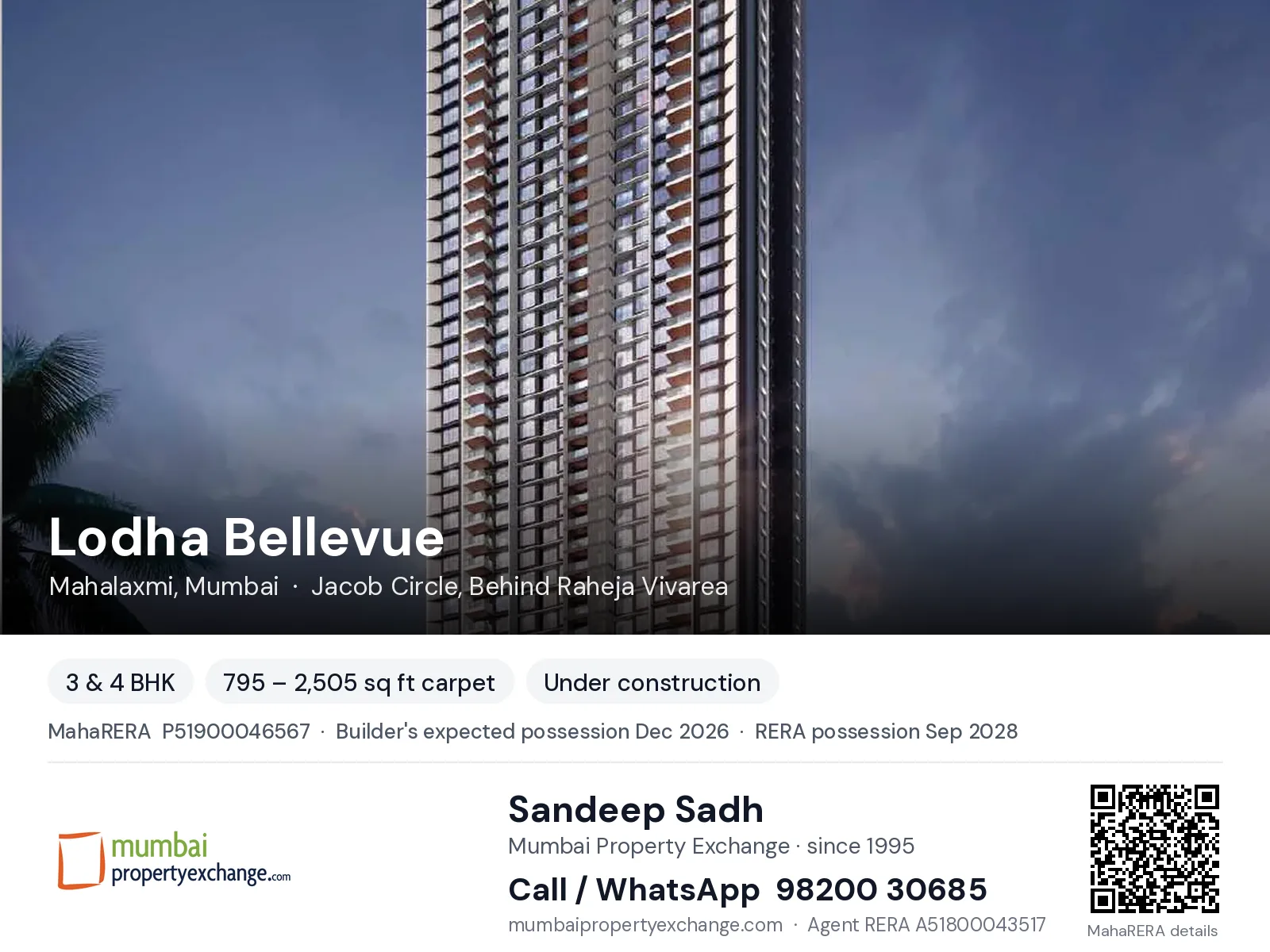 Lodha Bellevue, Mahalaxmi, Mumbai — 3 & 4 BHK new project, builder's expected possession Dec 2026, RERA possession Sep 2028 | Mumbai Property Exchange, Sandeep Sadh 98200 30685