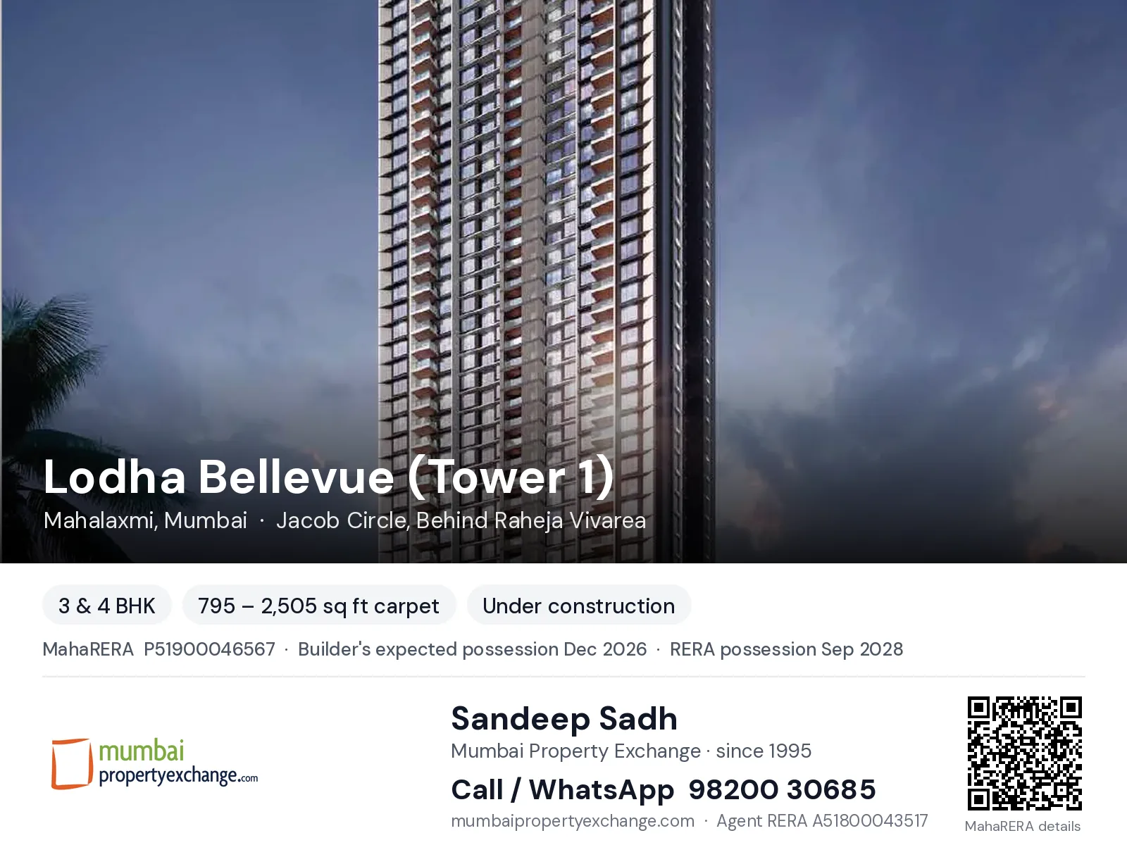 Lodha Bellevue (Tower 1), Mahalaxmi, Mumbai — 3 & 4 BHK new project, builder's expected possession Dec 2026, RERA possession Sep 2028 | Mumbai Property Exchange, Sandeep Sadh 98200 30685