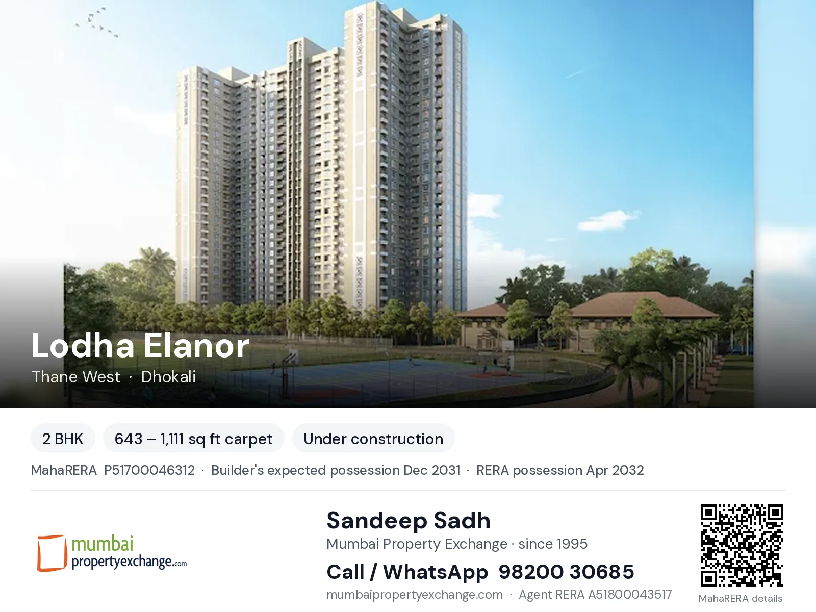 Lodha Elanor, Thane West — 2 BHK new project, builder's expected possession Dec 2031, RERA possession Apr 2032 | Mumbai Property Exchange, Sandeep Sadh 98200 30685